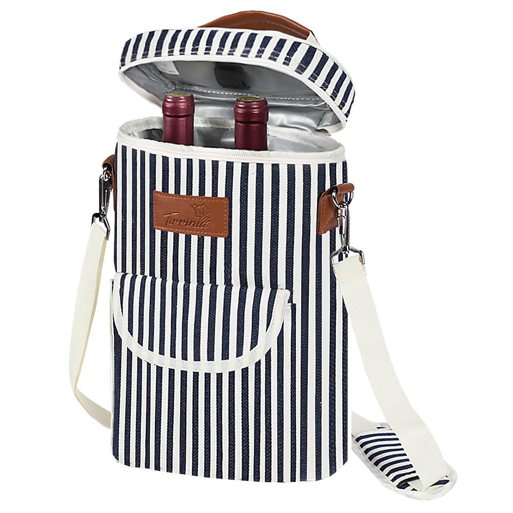 Tirrinia 2 Bottle Leakproof Insulated Wine Tote Carrier Bag - Padded Cooler for Travel, Restaurants, Tasting, Parties, Great Gift for Wine Lovers