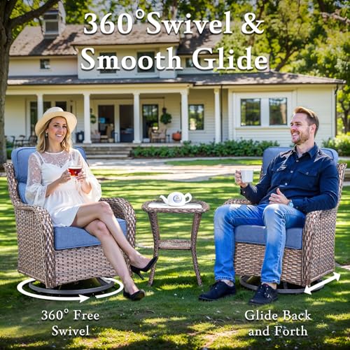 Luxury Outdoor Swivel Rocker Patio Chairs, High Back Swivel Patio Chairs with Side Table & 6-Inch Thick Cushions, Wicker Outdoor Bistro Set for Porch, Yard, Deck, Poolside, Brown/Beige