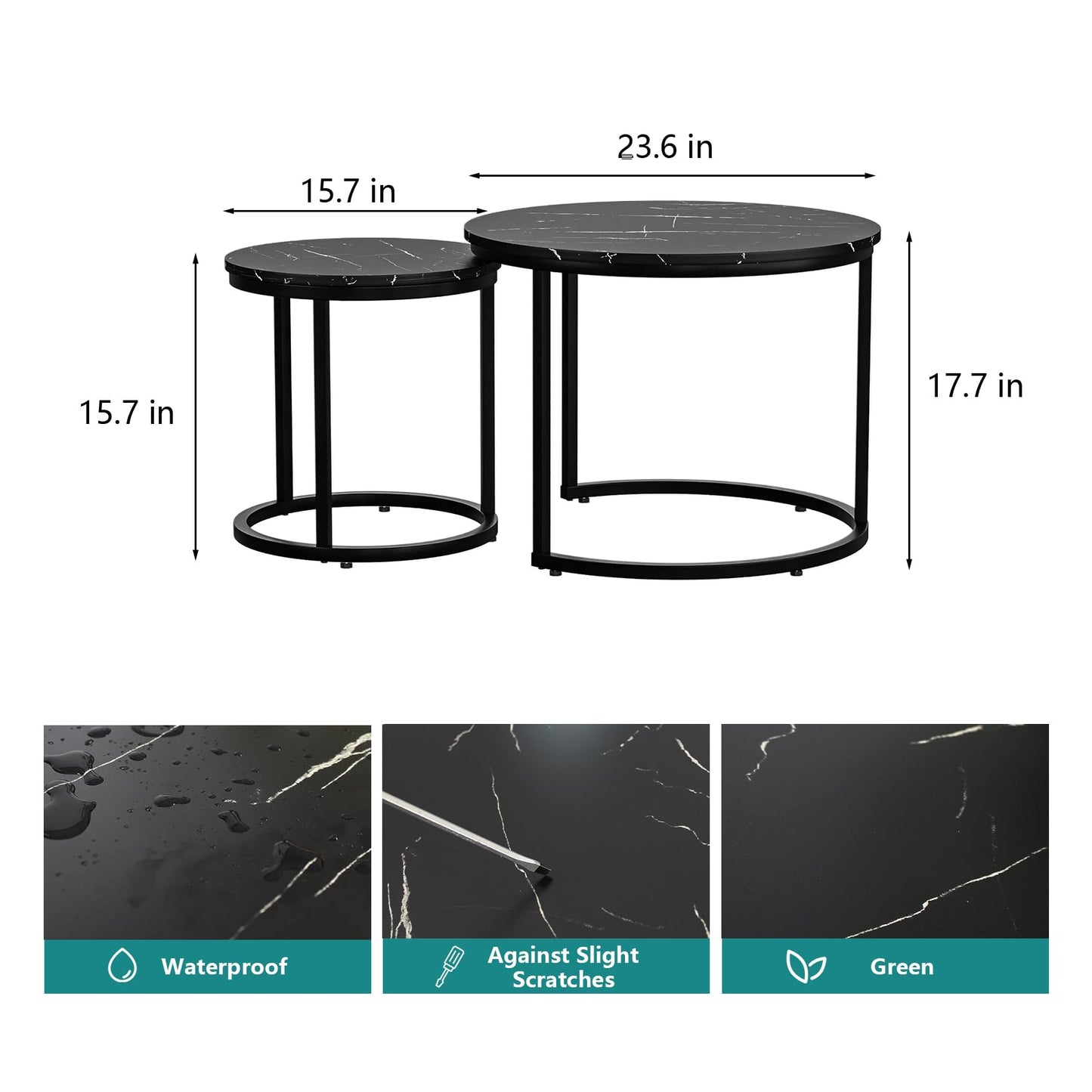 Smuxee Nesting Coffee Table Set of 2, 23.6" Round Coffee Table Wood Grain Top with Adjustable Non-Slip Feet, Industrial End Table Side Tables for Living Room Bedroom Balcony Yard