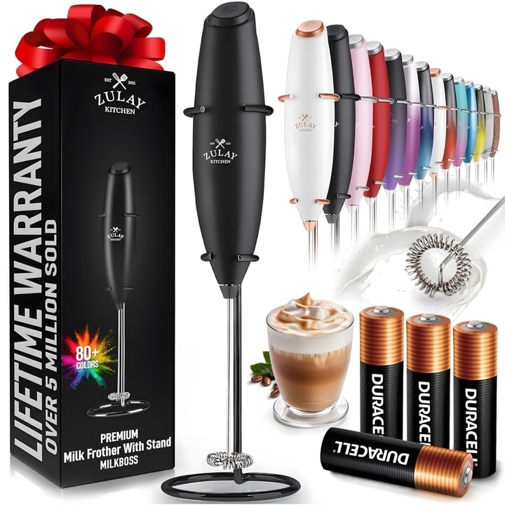 Zulay Double Whisk Milk Frother Handheld Mixer - High Powered Frother For Coffee With Improved Motor - Milk Frother Electric Whisk Drink Mixer For Cappuccino, Frappe, Matcha, Twin Whisk - Black/Copper