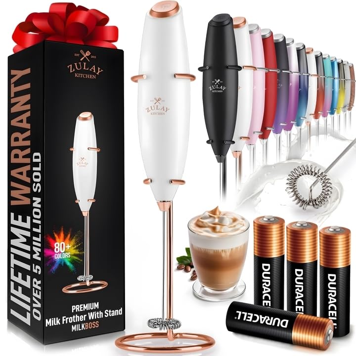 Zulay Double Whisk Milk Frother Handheld Mixer - High Powered Frother For Coffee With Improved Motor - Milk Frother Electric Whisk Drink Mixer For Cappuccino, Frappe, Matcha, Twin Whisk - Black/Copper