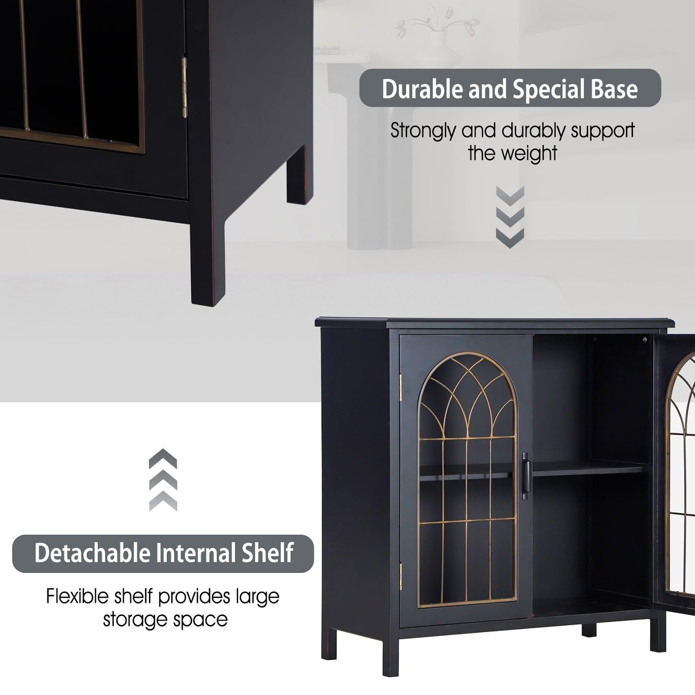 MFSTUDIO Accent Storage Cabinet with 2 Doors, Distressed Storage Cabinet Buffet Sideboard Display Cabinet with Metal Church Window Door for Entryway Living Room Kitchen, Black