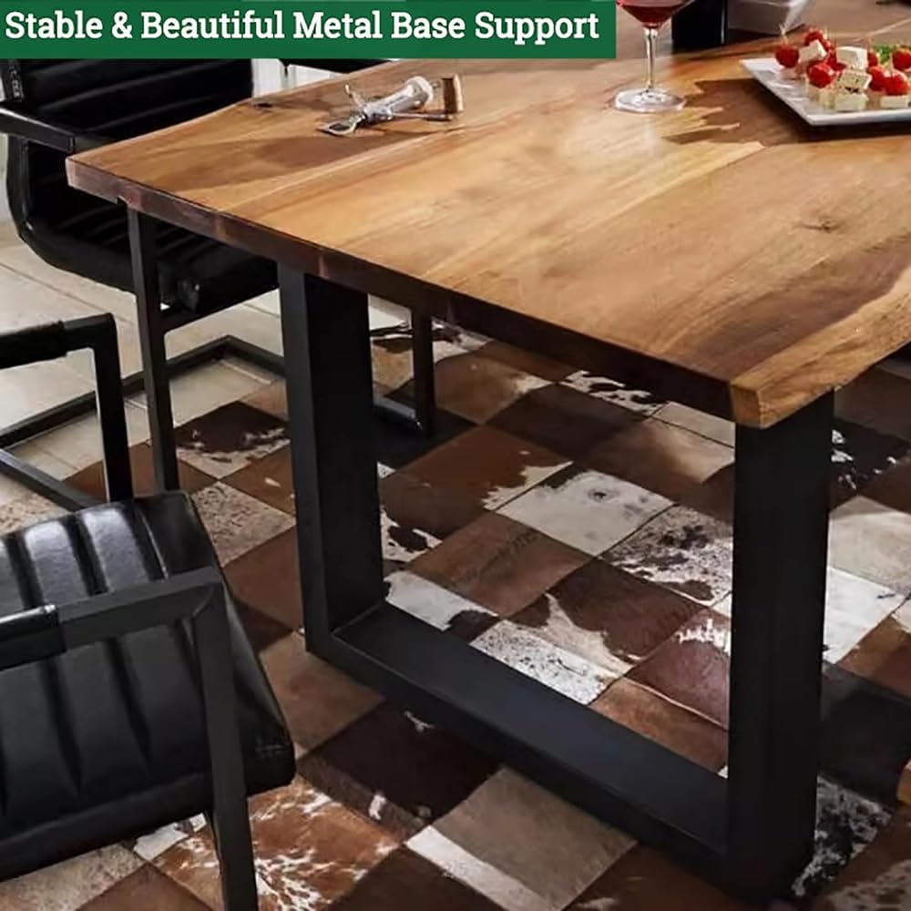 Solid Wood Large 47-78 Inch Natural Finish Wood Rectangular Dinner Table with Live Edge and Metal Base Seats up to 6-8 People for Kitchen Dining Room and Living Room(Size:180x70x75cm)