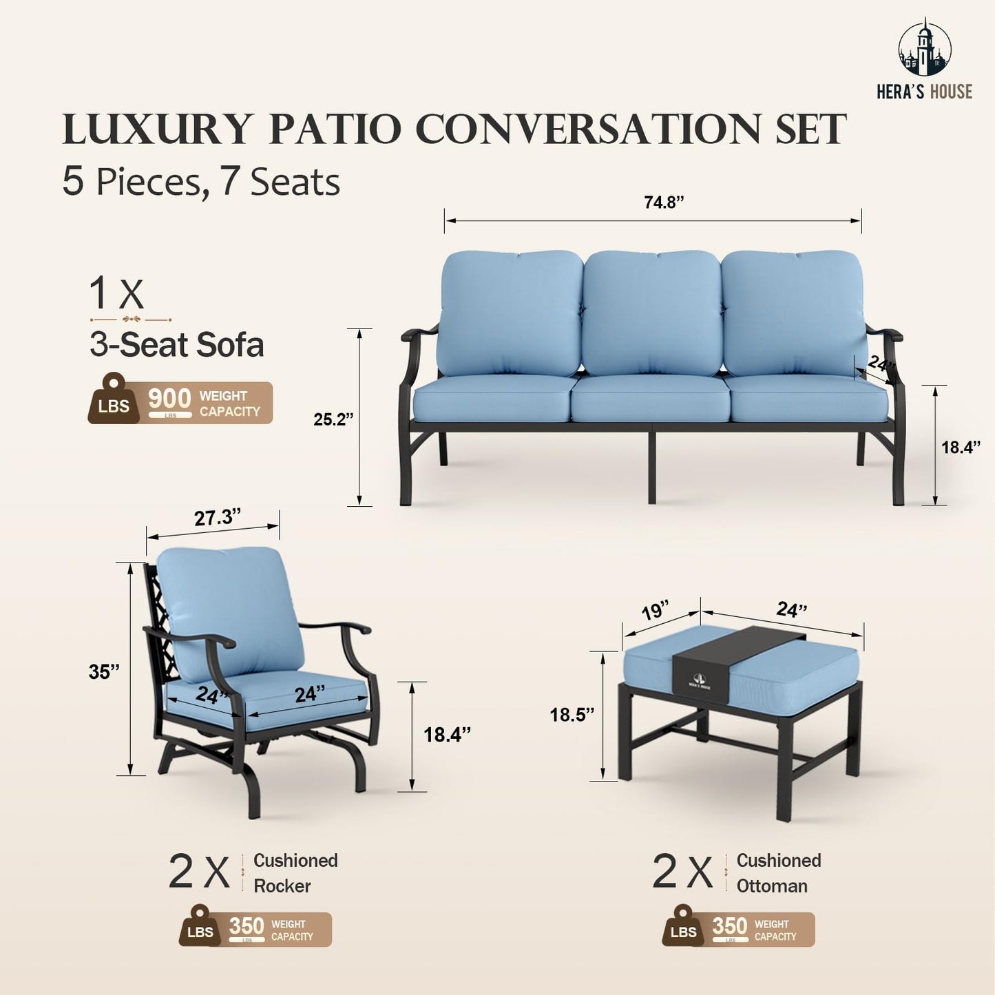 HERA'S HOUSE 7 Piece Patio Furniture Set, 2 x Rocking Chair, 2 x Fixed Chair, 2 x Ottoman, 1 x 3-Seat Sofa, All Cushioned 9 Seats Outdoor Conversation Set for Lawn Garden Backyard