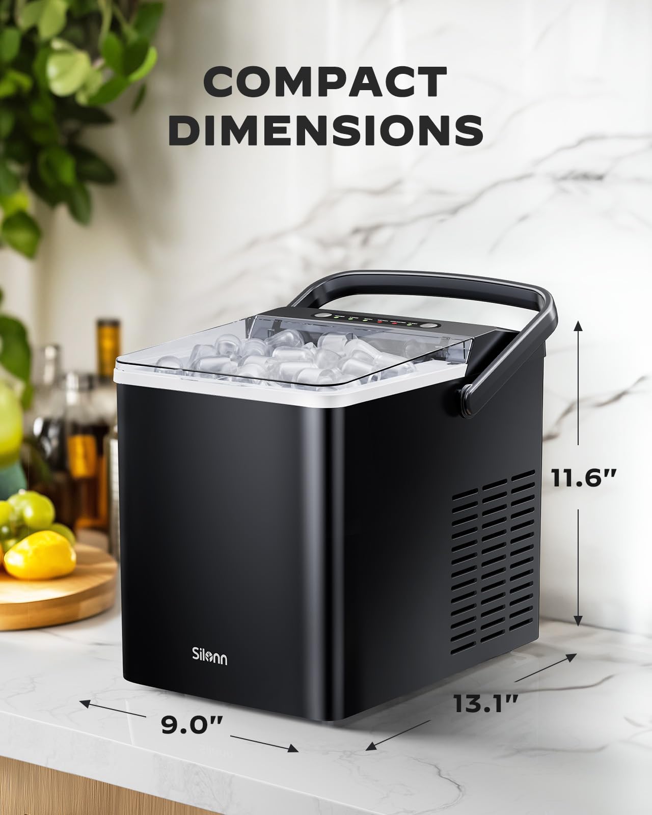Silonn Ice Maker Countertop, Portable Ice Machine with Carry Handle, Self-Cleaning Ice Makers with Basket and Scoop, 9 Cubes in 6 Mins, 26 lbs per Day, Ideal for Home, Kitchen, Camping, RV