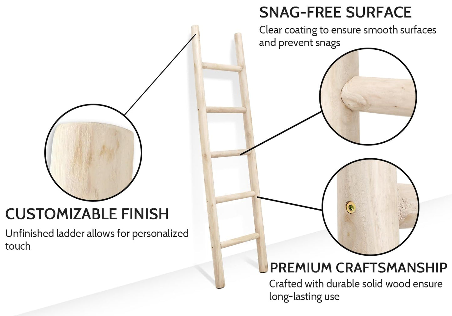 FUIN Fully Assembled 57in Wood Blanket Ladder Living Room Decorative Wall Leaning Farmhouse Quilt Display Holder Rustic Wooden Towel Rack for Bathroom, Unfinished