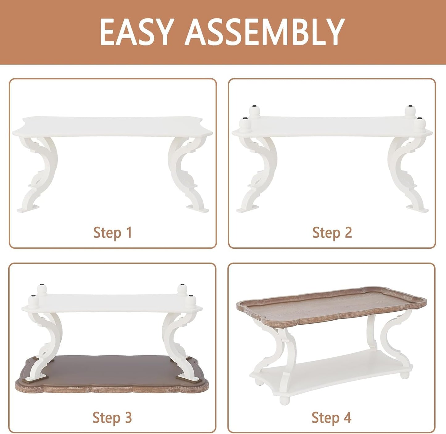 Function Home Farmhouse Coffee Table, Modern Cocktail Table with Storage Shelf, Sofa Table with Natural Tray Top and Carved Legs for Living Room, Bedroom, Dining Room in Vintage White