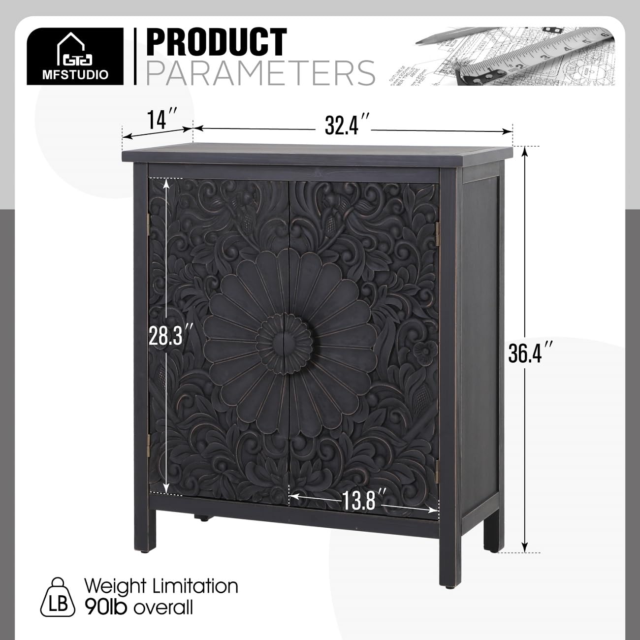 MFSTUDIO Accent Storage Cabinet with 2 Doors, Distressed Storage Cabinet Buffet Sideboard Display Cabinet with Metal Church Window Door for Entryway Living Room Kitchen, Black