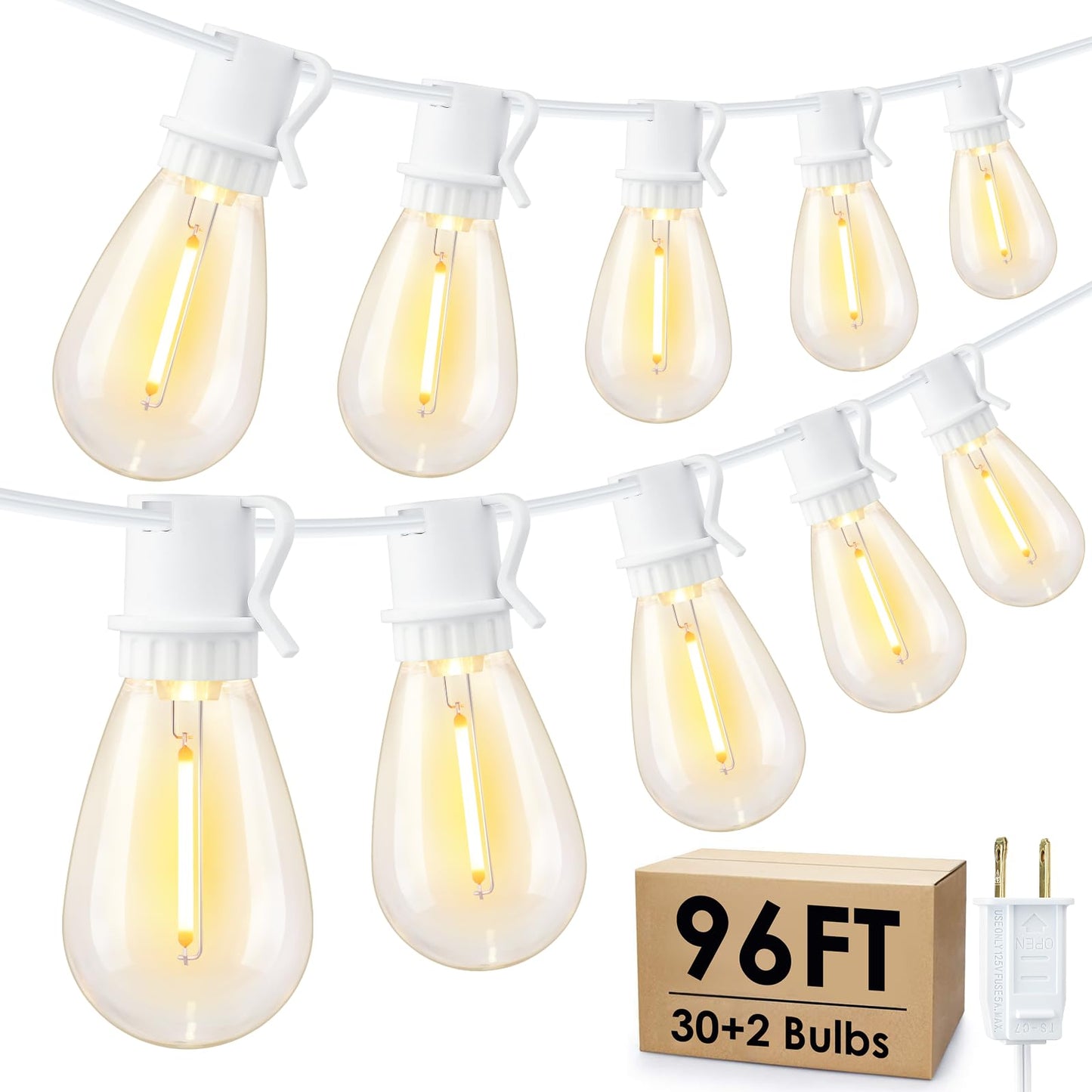 96FT LED Outdoor String Lights, Waterproof Patio Lights with 30+2 2700K Dimmable Shatterproof Edison Hanging Bulbs for Backyard Party-Black