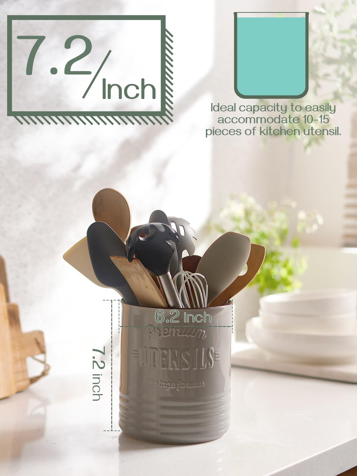 DOWAN 7.2″ Extra Large Kitchen Utensil Holder, Farmhouse Utensil Holder for Countertop, Ceramic Utensil Crock with Protection Cork Mat, Utensil Organizer for Kitchen Decor & Housewarming Gift, White