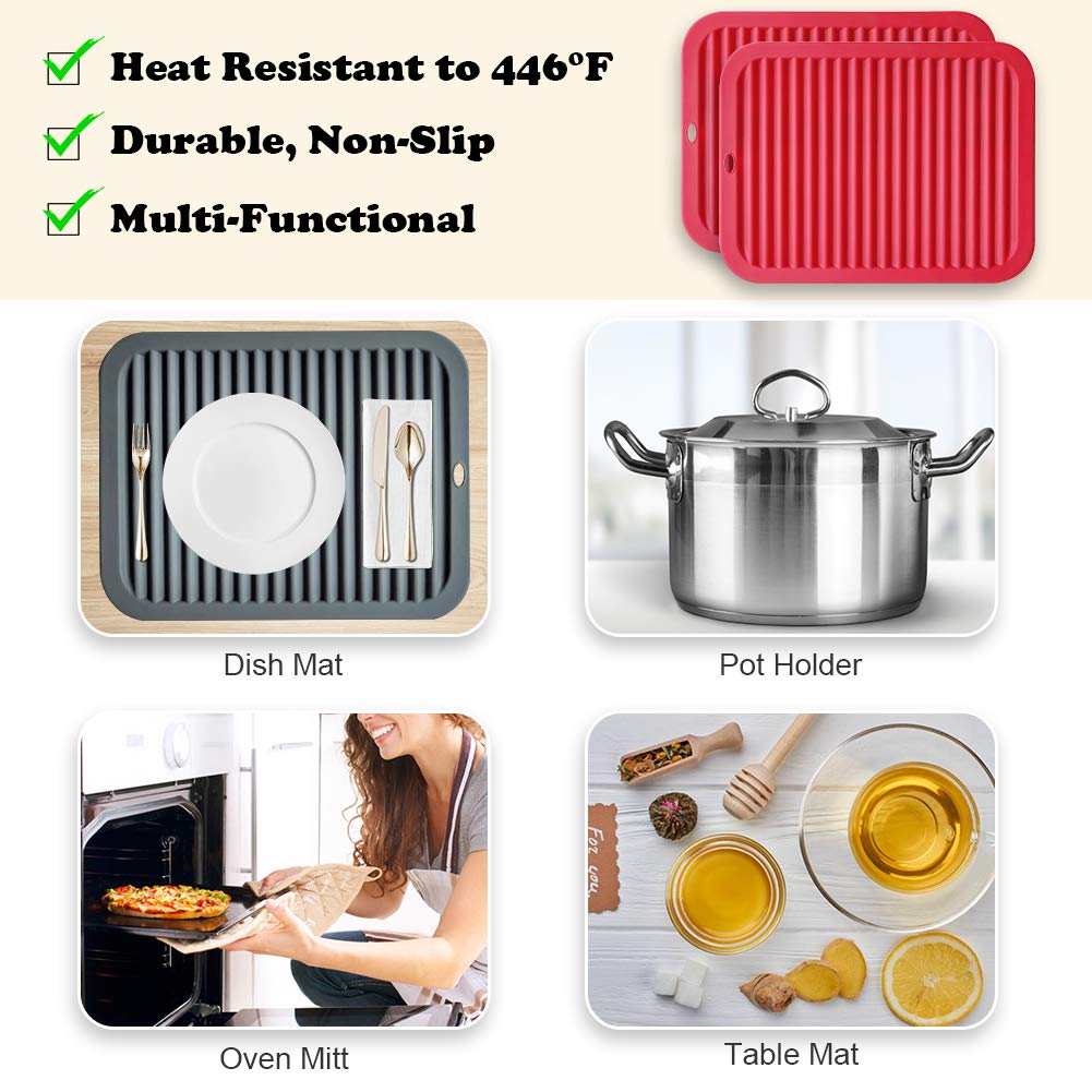 Walfos Silicone Trivet Mats - 4 Heat Resistant Pot Holders, Multipurpose Non-Slip Hot Pads for Kitchen Potholders, Hot Dishers, Jar Opener, Spoon Holder, Food Grade Silicone & BPA Free (Black)
