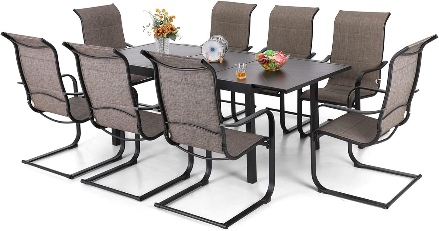 PHI VILLA 9 PCS Outdoor Dining Set,8 Spring Padded Dining Chairs with Higher Back and Extended Dining Table,Patio Furniture Set Waterproof,Rustproof for Garden, Yard