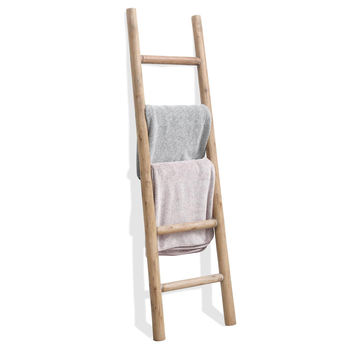 FUIN Fully Assembled 57in Wood Blanket Ladder Living Room Decorative Wall Leaning Farmhouse Quilt Display Holder Rustic Wooden Towel Rack for Bathroom, Unfinished
