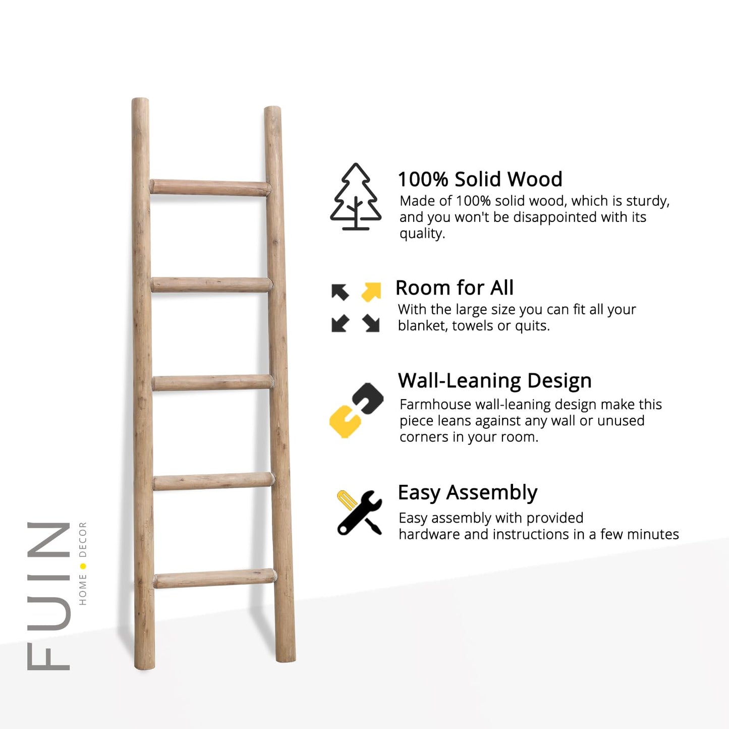 FUIN Fully Assembled 57in Wood Blanket Ladder Living Room Decorative Wall Leaning Farmhouse Quilt Display Holder Rustic Wooden Towel Rack for Bathroom, Unfinished