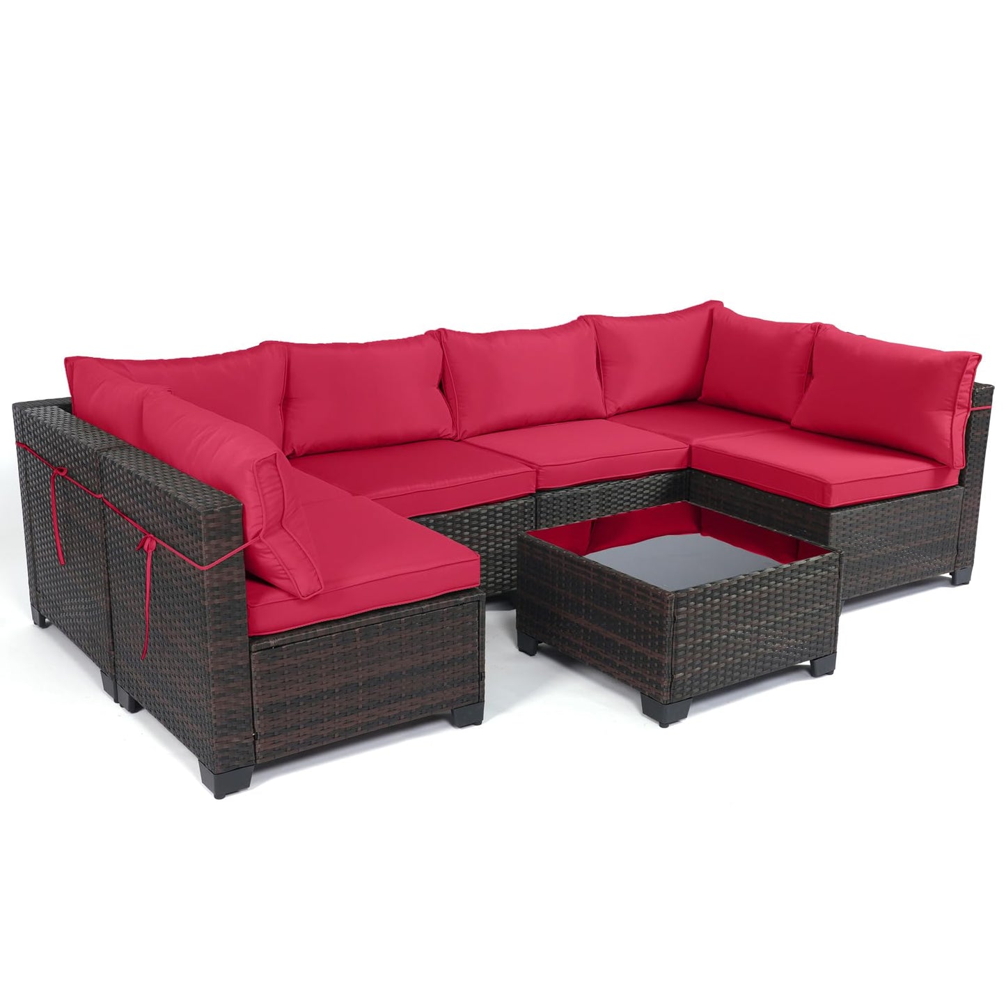 LEVELEVE 7 Pieces Outdoor Patio Furniture Sets,Rattan Conversation Sectional Set,Manual Weaving Wicker Patio Sofa with Tea Table