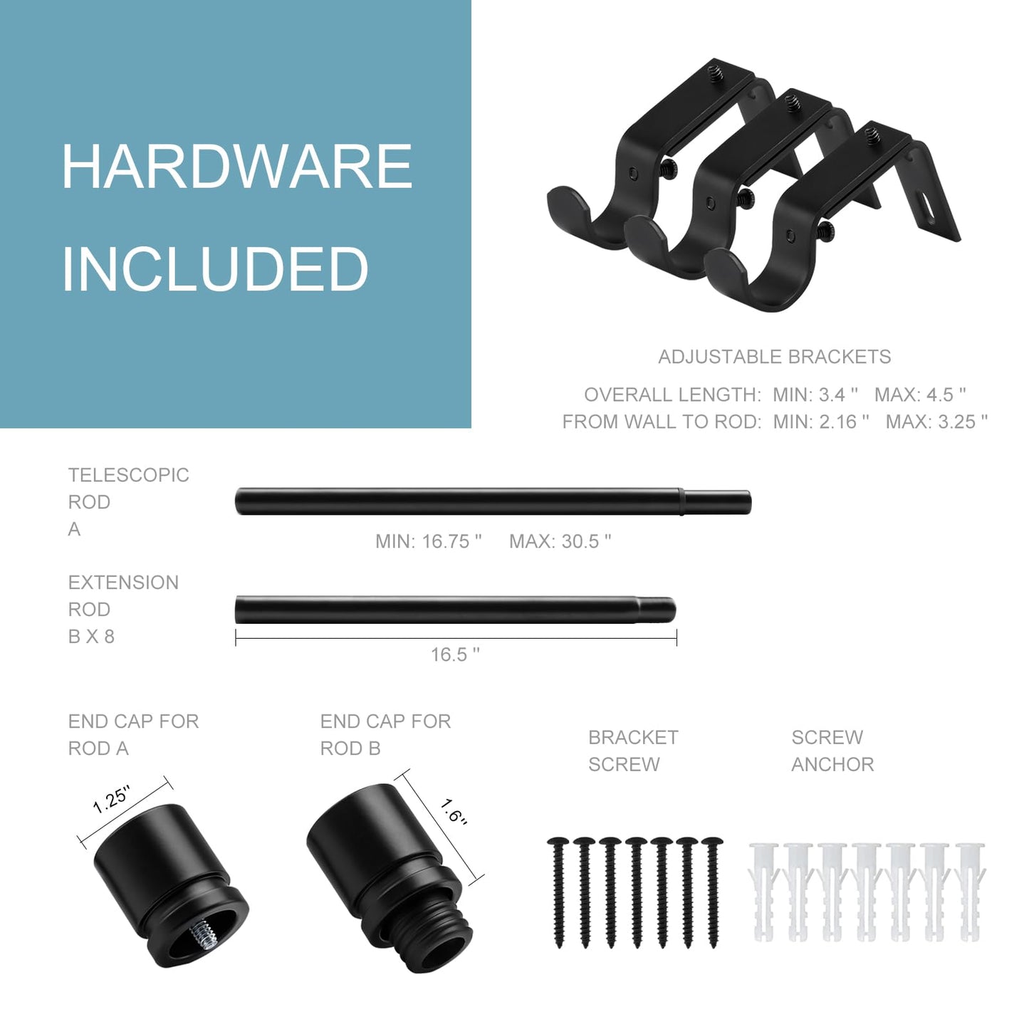 Curtain Rods for Windows 16 to 144 Inches Adjustable Length 1 Inch Diameter Window Curtain Rod with Aluminium Finials, Black