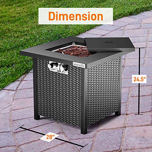 SereneLife Outdoor Propane Gas Fire Pit Table – 50,000 BTU Auto-Ignition Firepit with Glass Wind Guard, Black Tempered Glass Top & Clear Glass Rocks for Garden, Patio, or Backyard