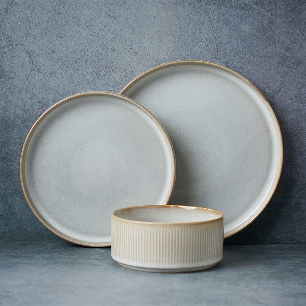 Famiware Star Dinnerware Sets, Plates and Bowls Set for 4, 12 Pieces Dishes- Chip and Scratch Resistant, Microwave and Dishwasher Safe Kitchen Set, Cappuccino White