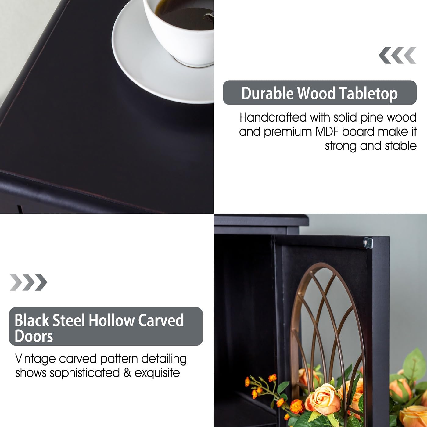 MFSTUDIO Accent Storage Cabinet with 2 Doors, Distressed Storage Cabinet Buffet Sideboard Display Cabinet with Metal Church Window Door for Entryway Living Room Kitchen, Black