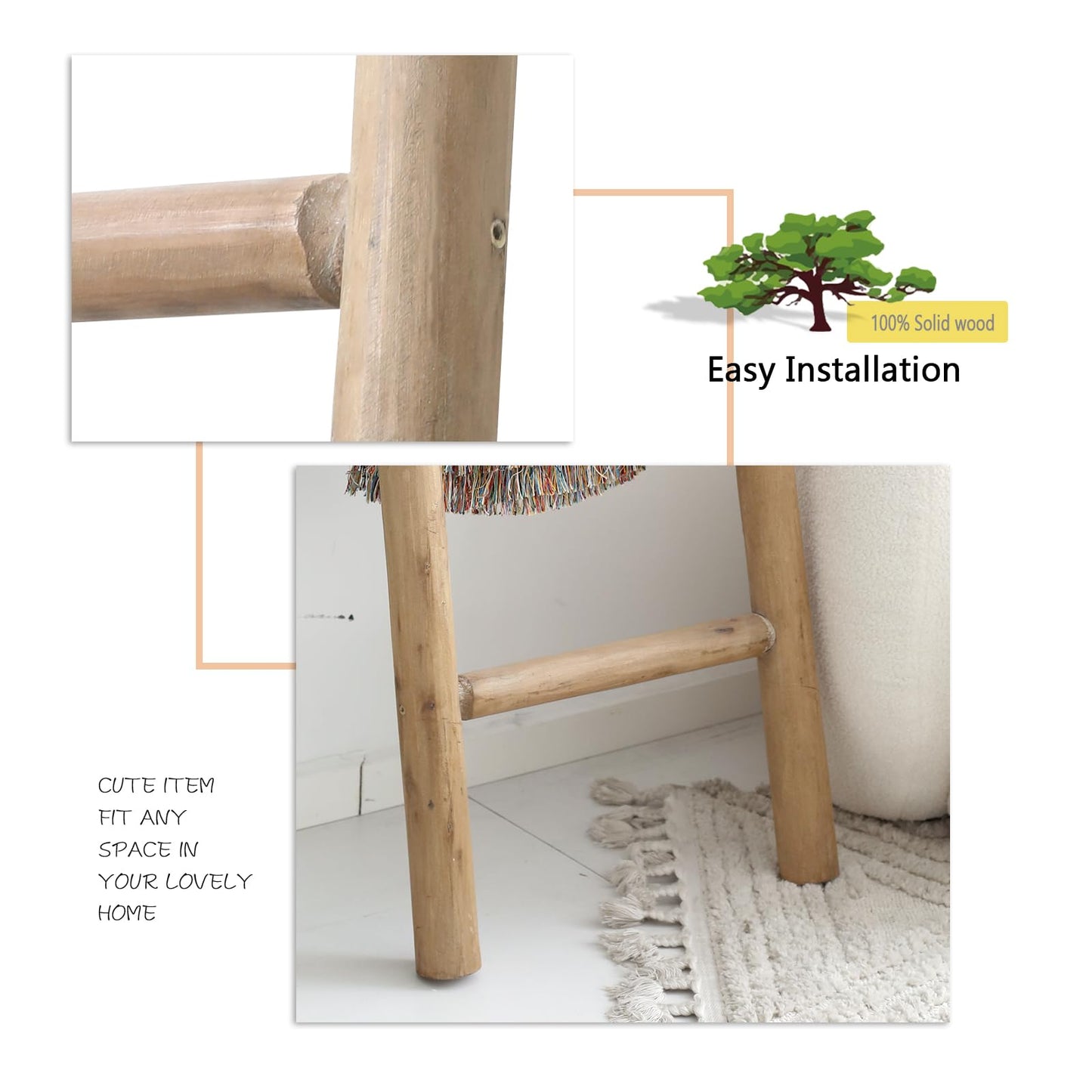 FUIN Fully Assembled 57in Wood Blanket Ladder Living Room Decorative Wall Leaning Farmhouse Quilt Display Holder Rustic Wooden Towel Rack for Bathroom, Unfinished