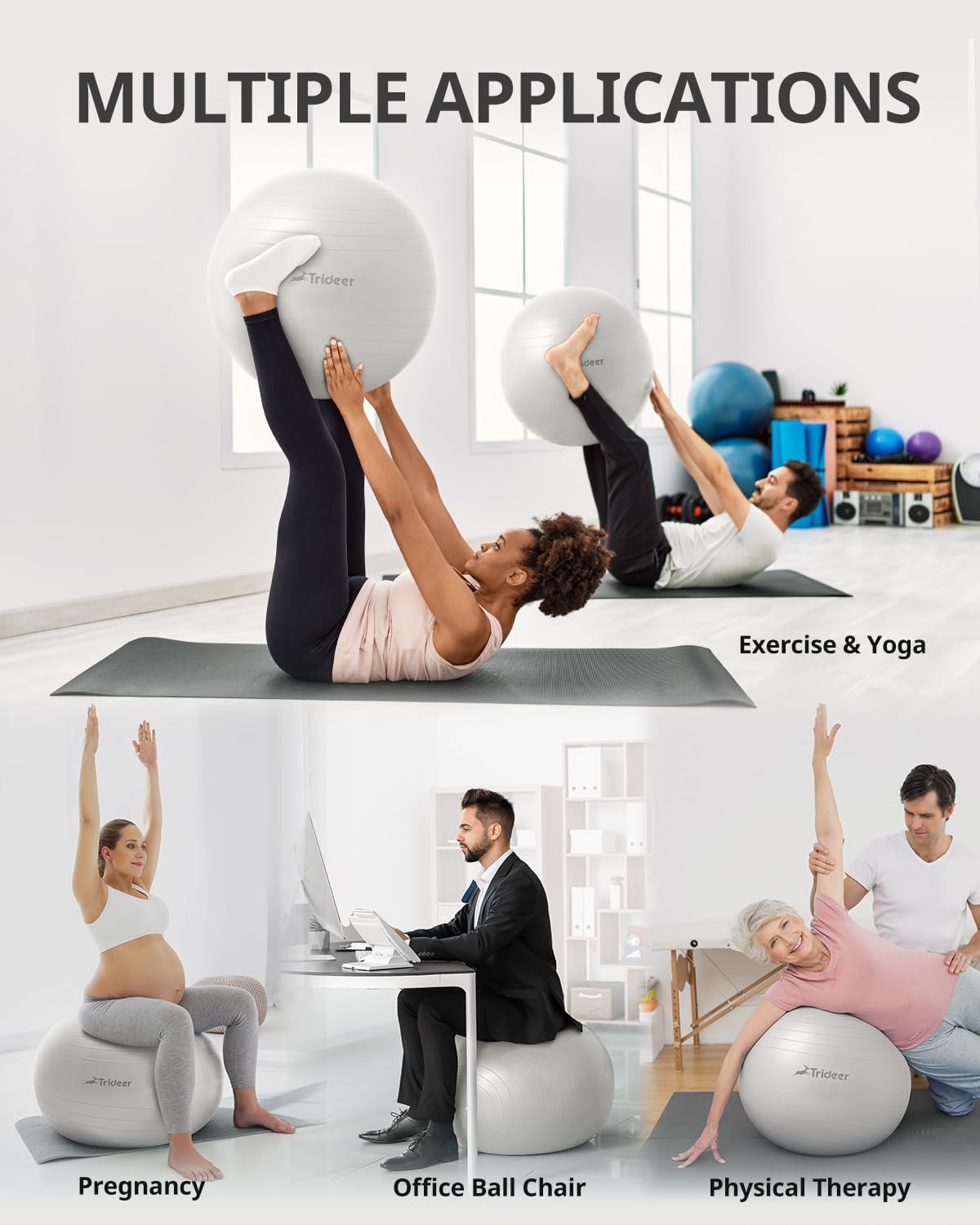 Trideer Yoga Ball Exercise Ball for Working Out, 5 Sizes Gym Ball, Birthing Ball for Pregnancy, Swiss Ball for Physical Therapy, Balance, Stability, Fitness, Office Ball Chair, Quick Pump Included