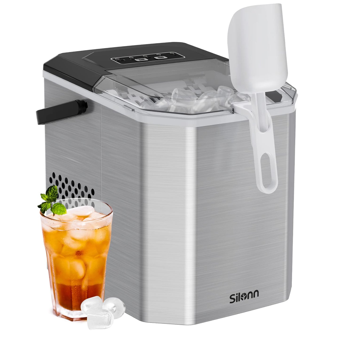 Silonn Ice Maker Countertop, Portable Ice Machine with Carry Handle, Self-Cleaning Ice Makers with Basket and Scoop, 9 Cubes in 6 Mins, 26 lbs per Day, Ideal for Home, Kitchen, Camping, RV
