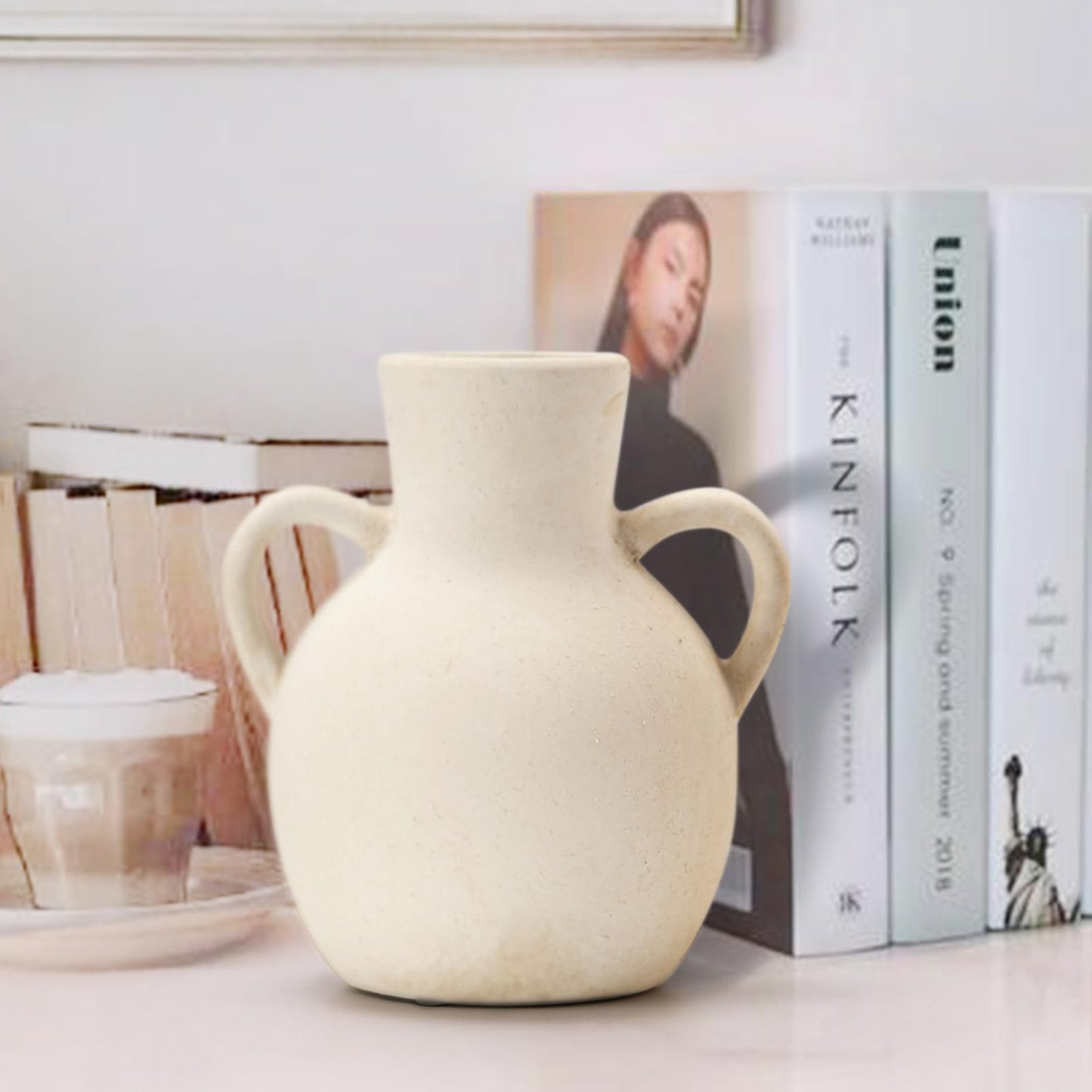 SIDUCAL Rustic Ceramic Farmhouse Flower Vase with 2 Handles, Whitewashed Terra Cotta Vase, Decorative Pottery Flower for Home Decor, Table, Living Room, Shelf Decor, 7.3 Inch, Terra