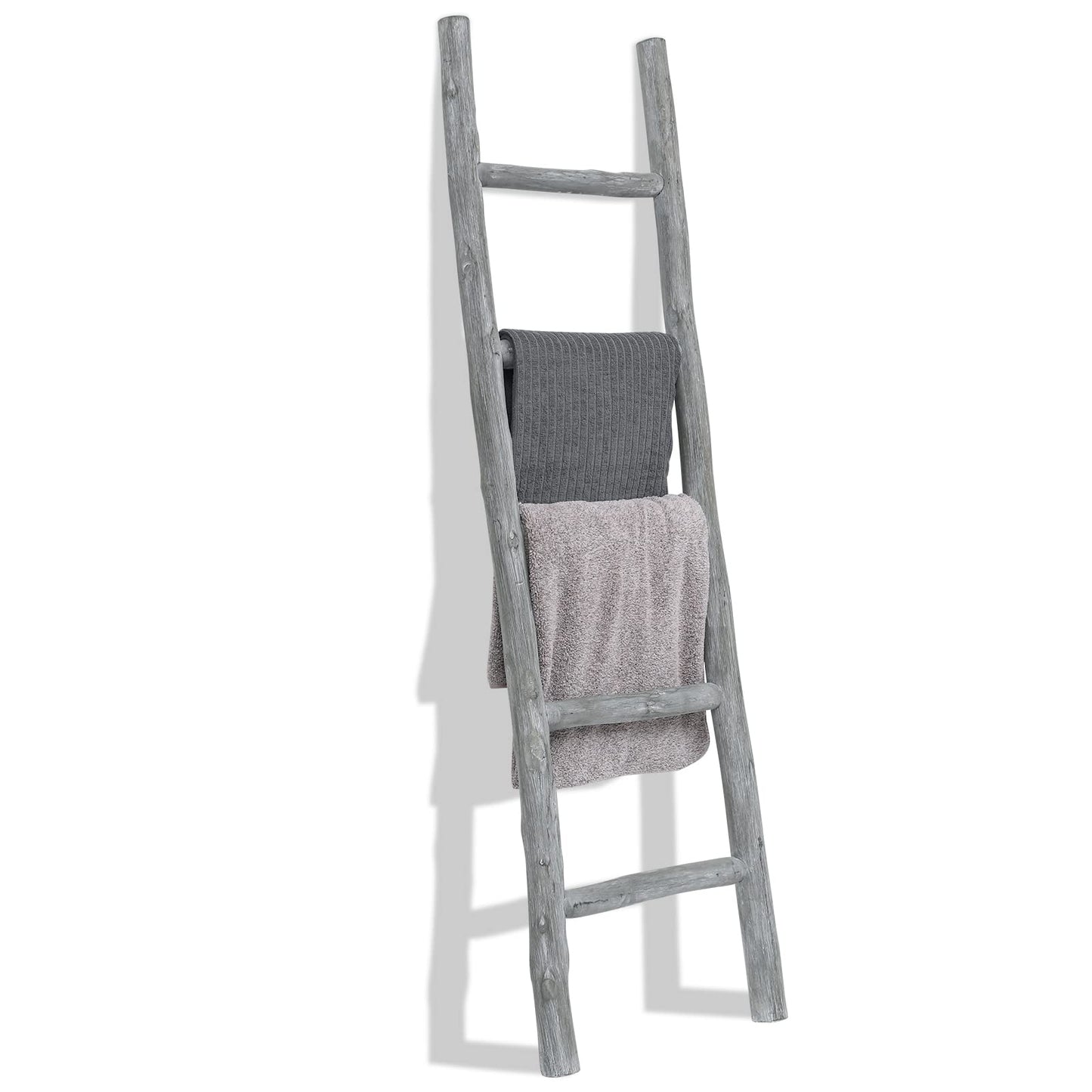 FUIN Fully Assembled 57in Wood Blanket Ladder Living Room Decorative Wall Leaning Farmhouse Quilt Display Holder Rustic Wooden Towel Rack for Bathroom, Unfinished