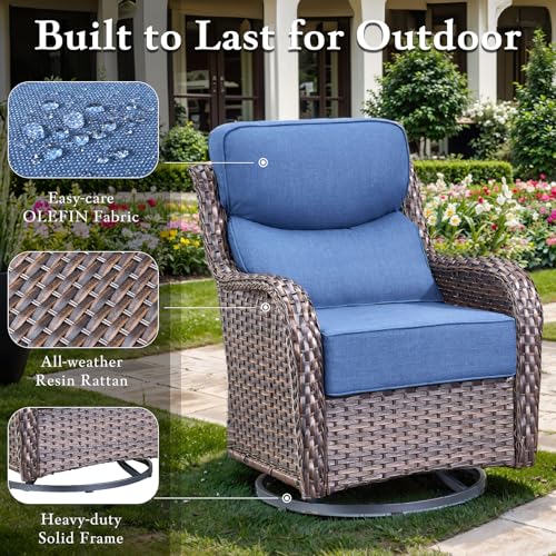 Luxury Outdoor Swivel Rocker Patio Chairs, High Back Swivel Patio Chairs with Side Table & 6-Inch Thick Cushions, Wicker Outdoor Bistro Set for Porch, Yard, Deck, Poolside, Brown/Beige