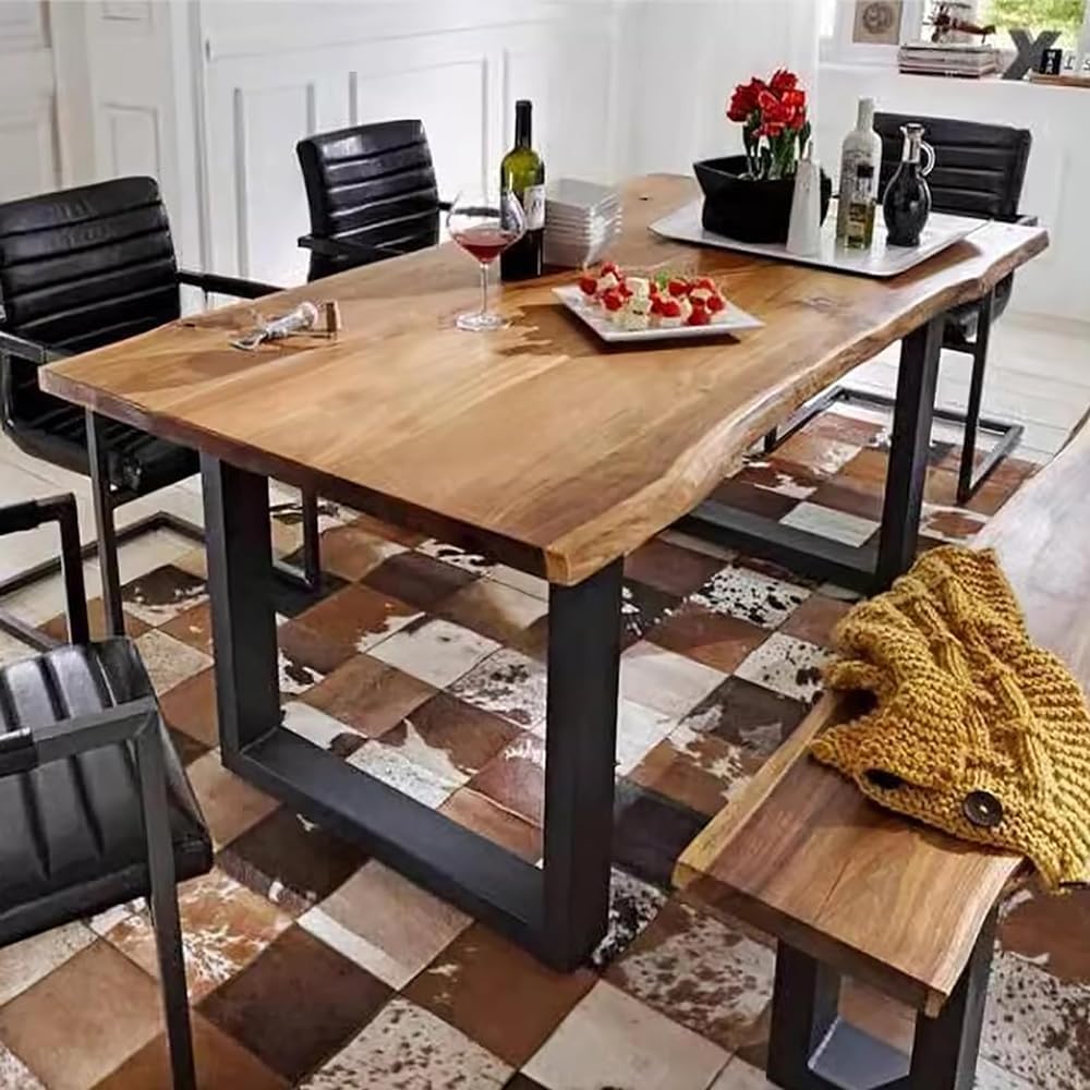 Solid Wood Large 47-78 Inch Natural Finish Wood Rectangular Dinner Table with Live Edge and Metal Base Seats up to 6-8 People for Kitchen Dining Room and Living Room(Size:180x70x75cm)