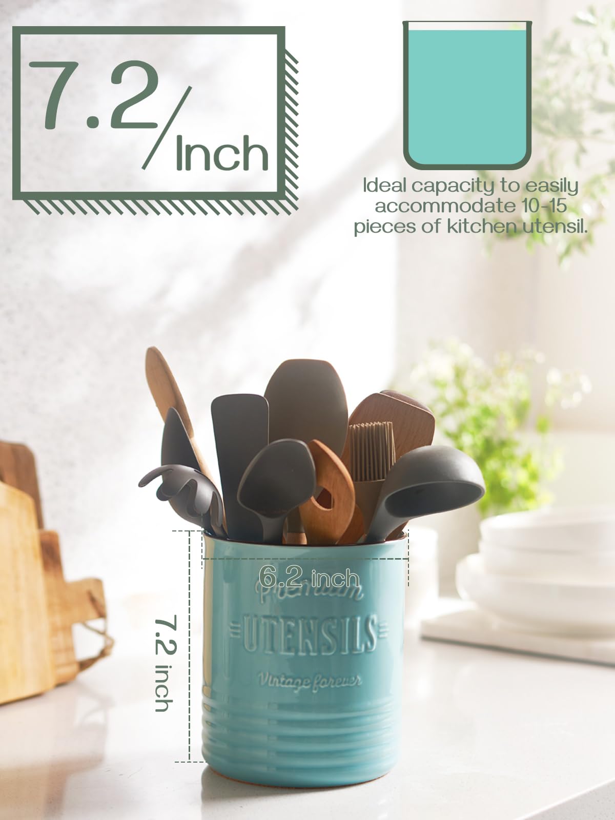 DOWAN 7.2″ Extra Large Kitchen Utensil Holder, Farmhouse Utensil Holder for Countertop, Ceramic Utensil Crock with Protection Cork Mat, Utensil Organizer for Kitchen Decor & Housewarming Gift, White