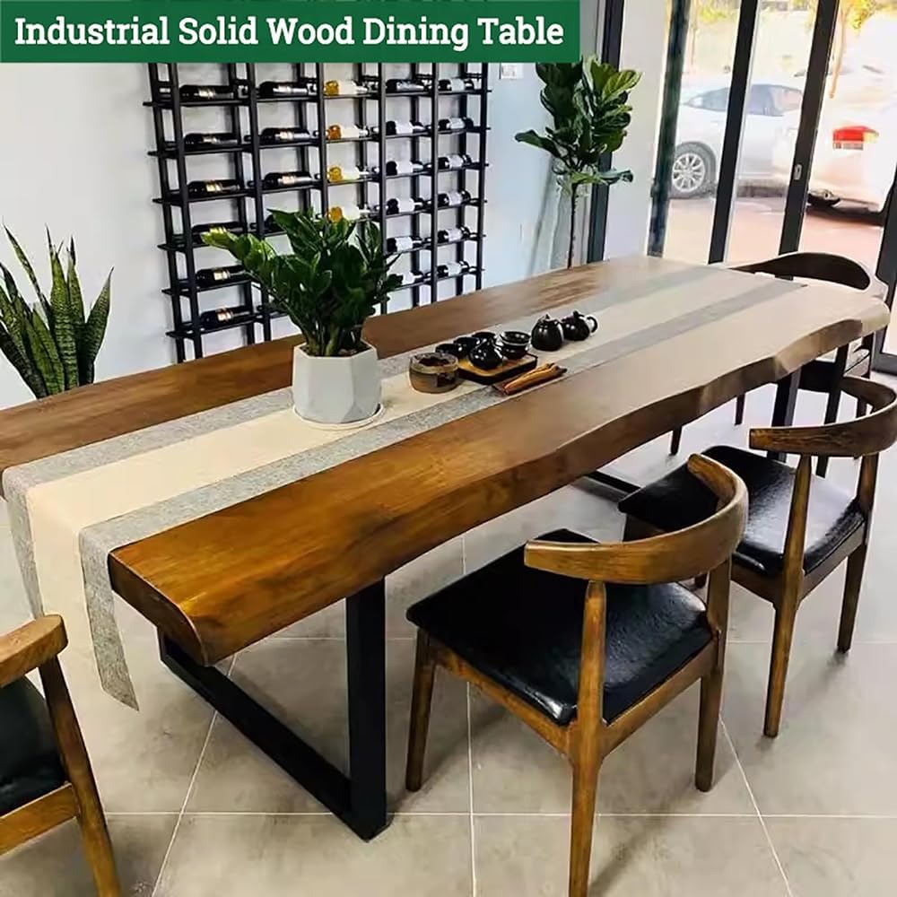 Solid Wood Large 47-78 Inch Natural Finish Wood Rectangular Dinner Table with Live Edge and Metal Base Seats up to 6-8 People for Kitchen Dining Room and Living Room(Size:180x70x75cm)