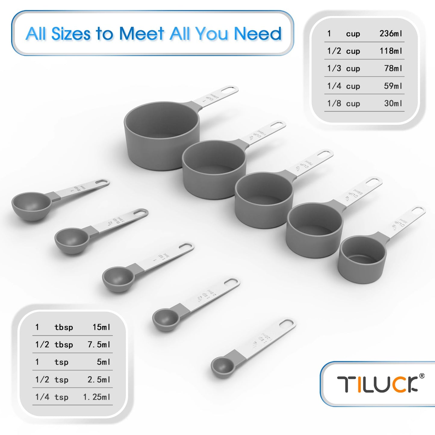 TILUCK Measuring Cups & Spoons Set, Stackable Cups and Spoons, Nesting Measure Cups with Stainless Steel Handle, Kitchen Gadgets for Cooking & Baking (Black)