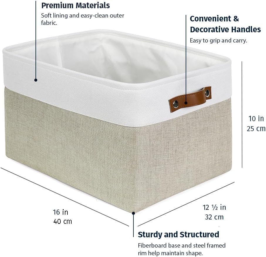 OrganiHaus Small Fabric Storage Baskets for Shelves 3 Pack, 12x8in Closet Storage Bins for Shelves, Cloth Baskets for Organizing, Linen Closet Organizers, Fabric Basket, Beige/White