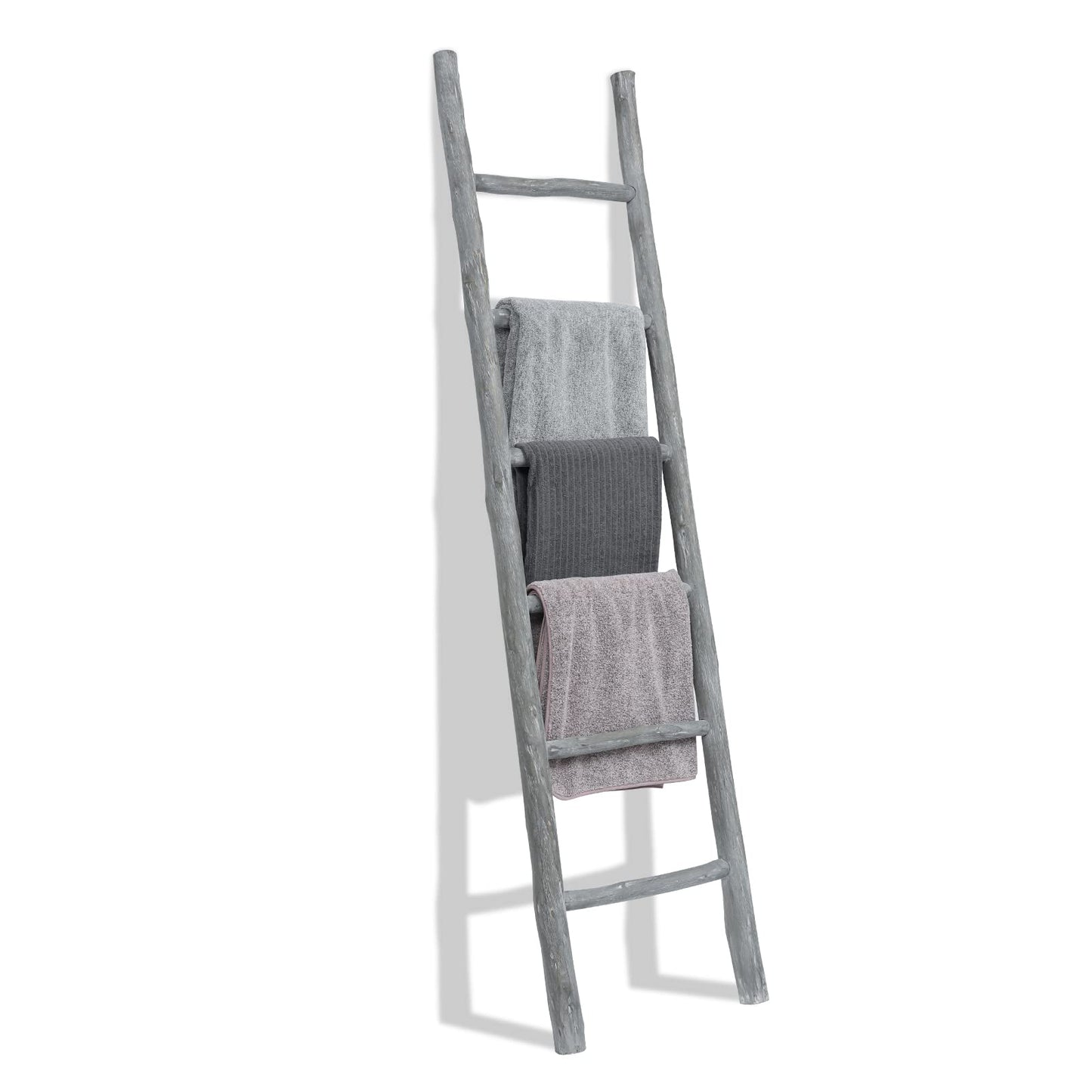 FUIN Fully Assembled 57in Wood Blanket Ladder Living Room Decorative Wall Leaning Farmhouse Quilt Display Holder Rustic Wooden Towel Rack for Bathroom, Unfinished