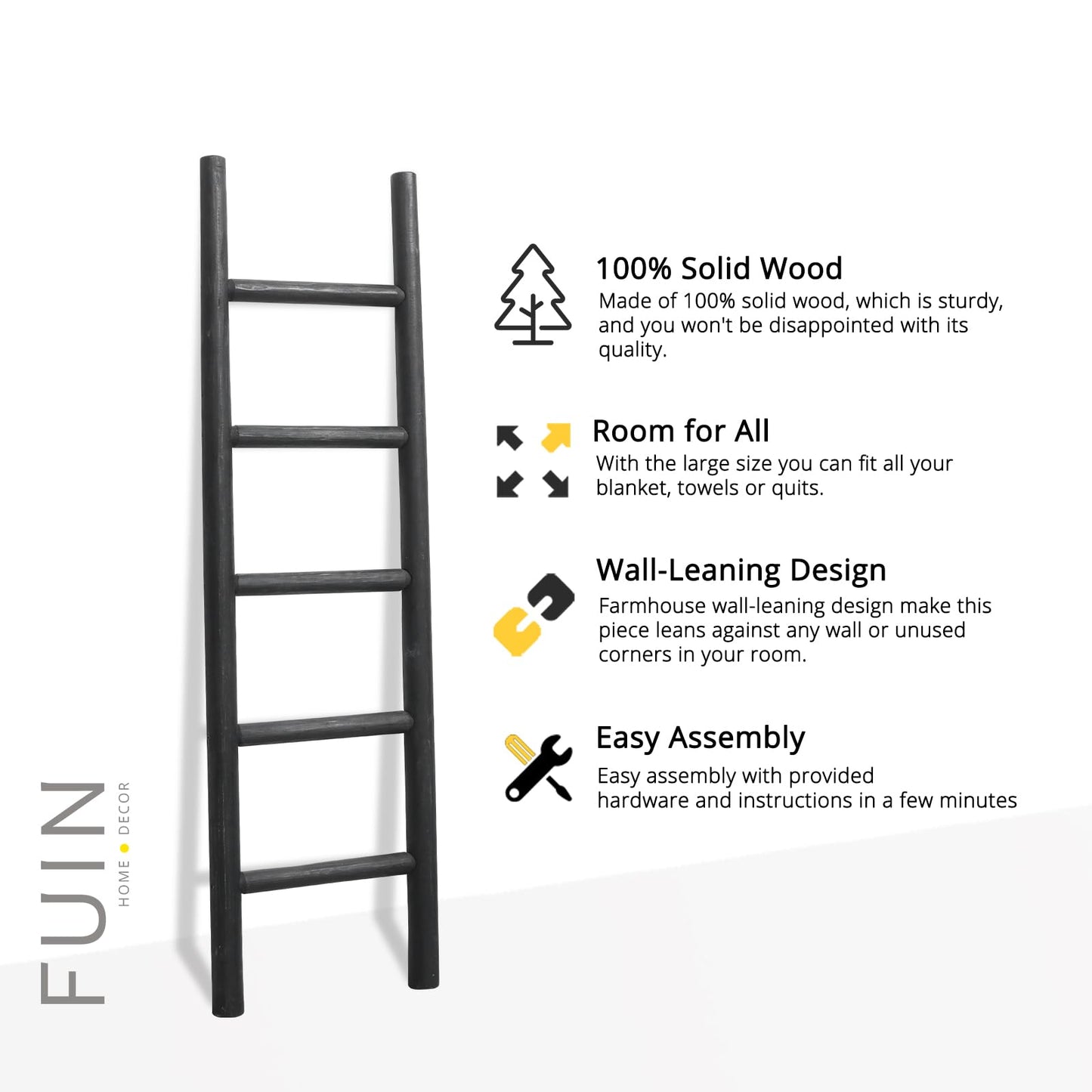 FUIN Fully Assembled 57in Wood Blanket Ladder Living Room Decorative Wall Leaning Farmhouse Quilt Display Holder Rustic Wooden Towel Rack for Bathroom, Unfinished