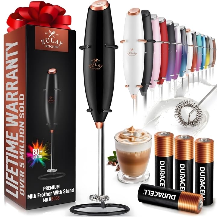 Zulay Double Whisk Milk Frother Handheld Mixer - High Powered Frother For Coffee With Improved Motor - Milk Frother Electric Whisk Drink Mixer For Cappuccino, Frappe, Matcha, Twin Whisk - Black/Copper