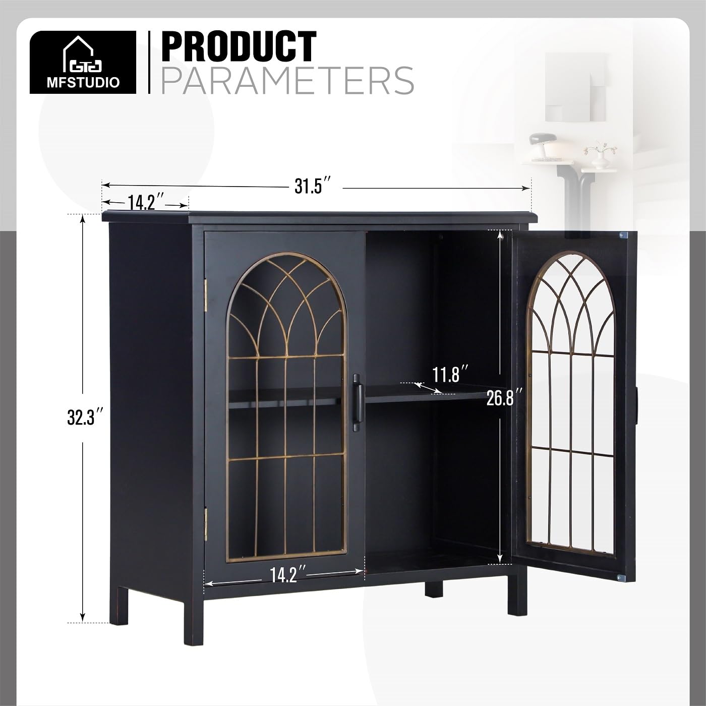 MFSTUDIO Accent Storage Cabinet with 2 Doors, Distressed Storage Cabinet Buffet Sideboard Display Cabinet with Metal Church Window Door for Entryway Living Room Kitchen, Black