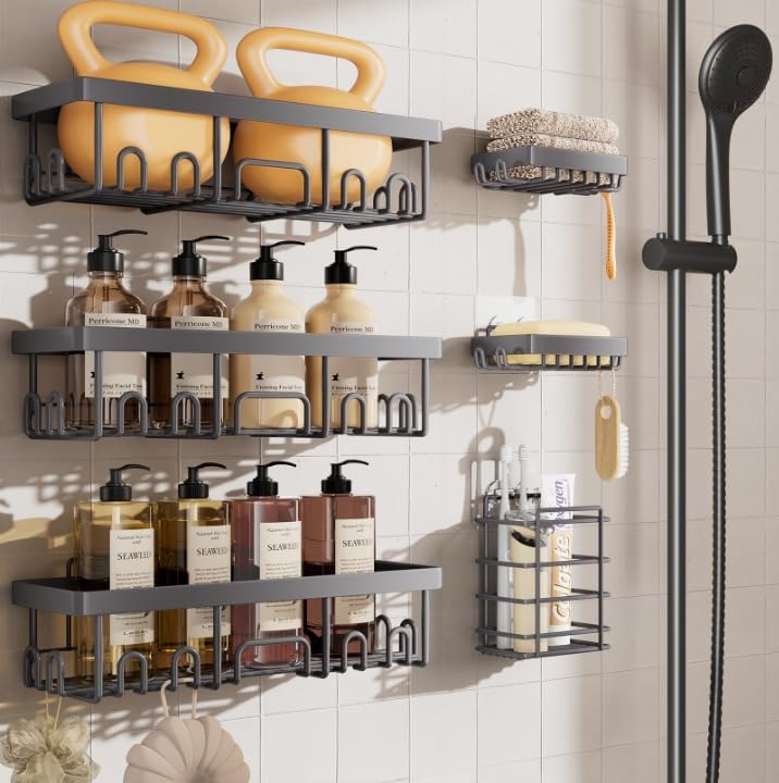 Veken Stainless Steel Shower Caddy 6-Pack, No Drilling & Rustproof, Waterproof Adhesive Shelves Rack with Soap Holder, Large Capacity Bathroom Organizers and Storage, Wall-Mounted Kitchen & Home Decor