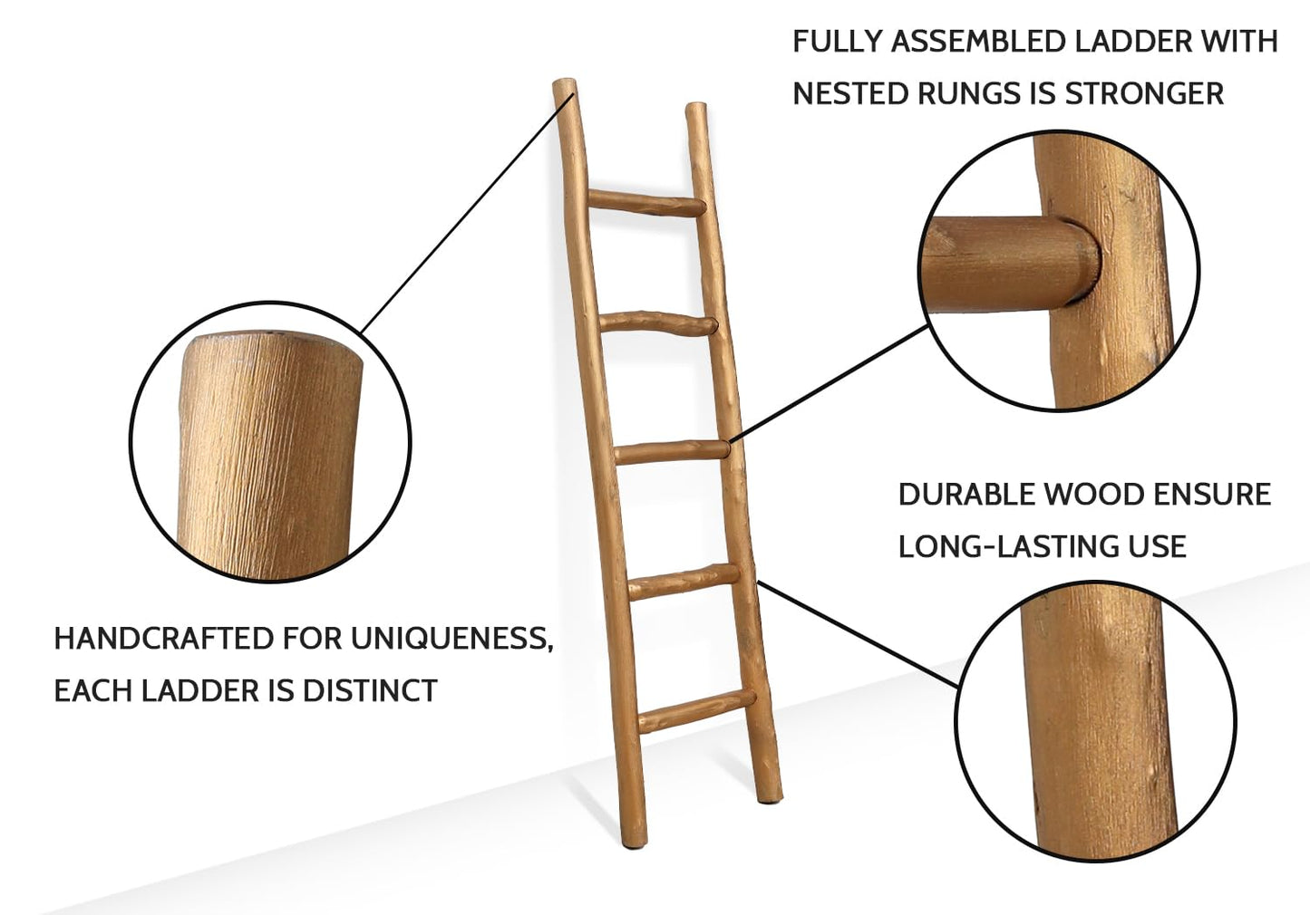 FUIN Fully Assembled 57in Wood Blanket Ladder Living Room Decorative Wall Leaning Farmhouse Quilt Display Holder Rustic Wooden Towel Rack for Bathroom, Unfinished