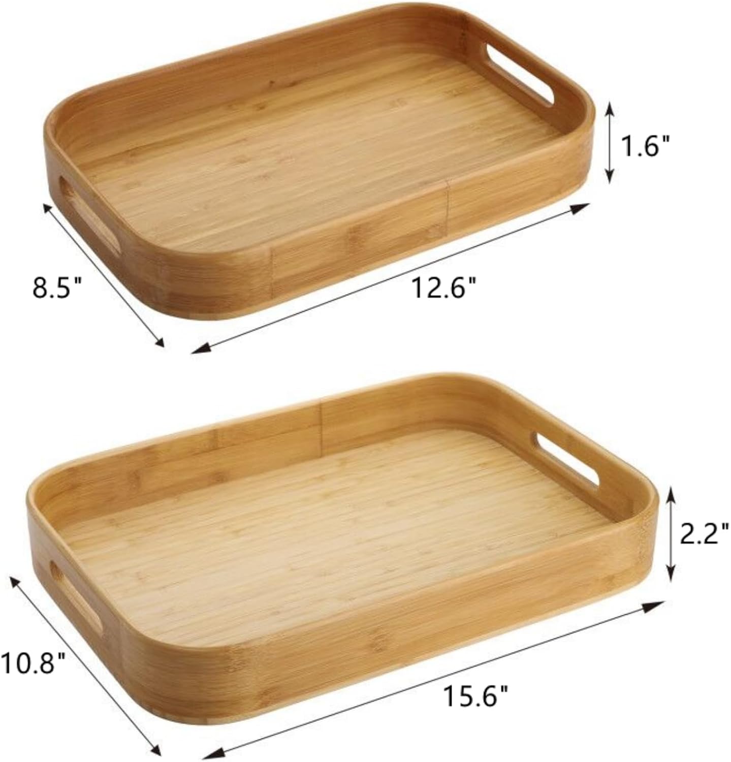 Dicunoy Set of 2 Bamboo Serving Tray, Solid Wood Breakfast Tray with Handles and Arc Angles, Large Size for Food, Dinner, Tea, Coffee, Bar, Parties, 15.6" L x 10.8" W /12.6" L x 8.5" W