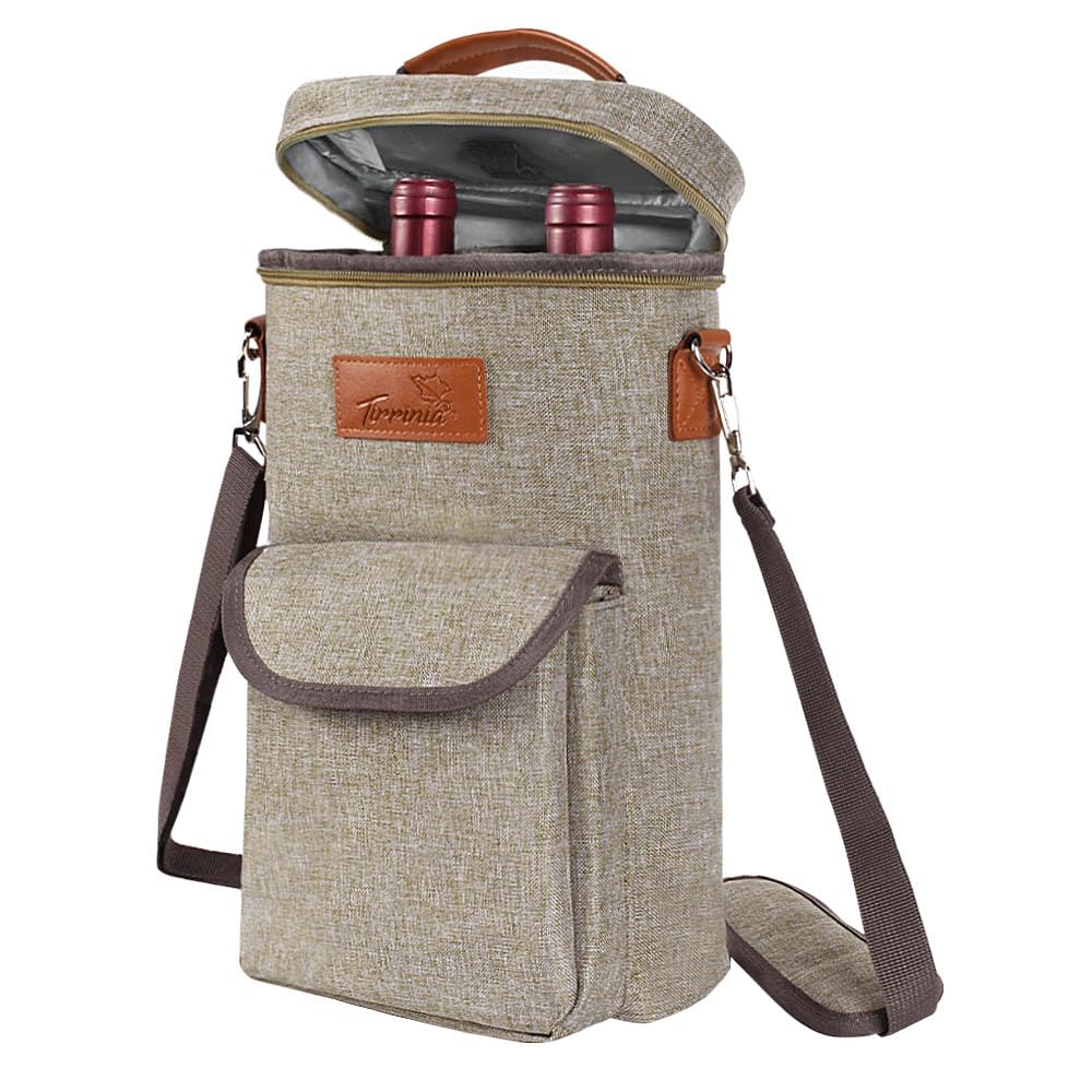 Tirrinia 2 Bottle Leakproof Insulated Wine Tote Carrier Bag - Padded Cooler for Travel, Restaurants, Tasting, Parties, Great Gift for Wine Lovers