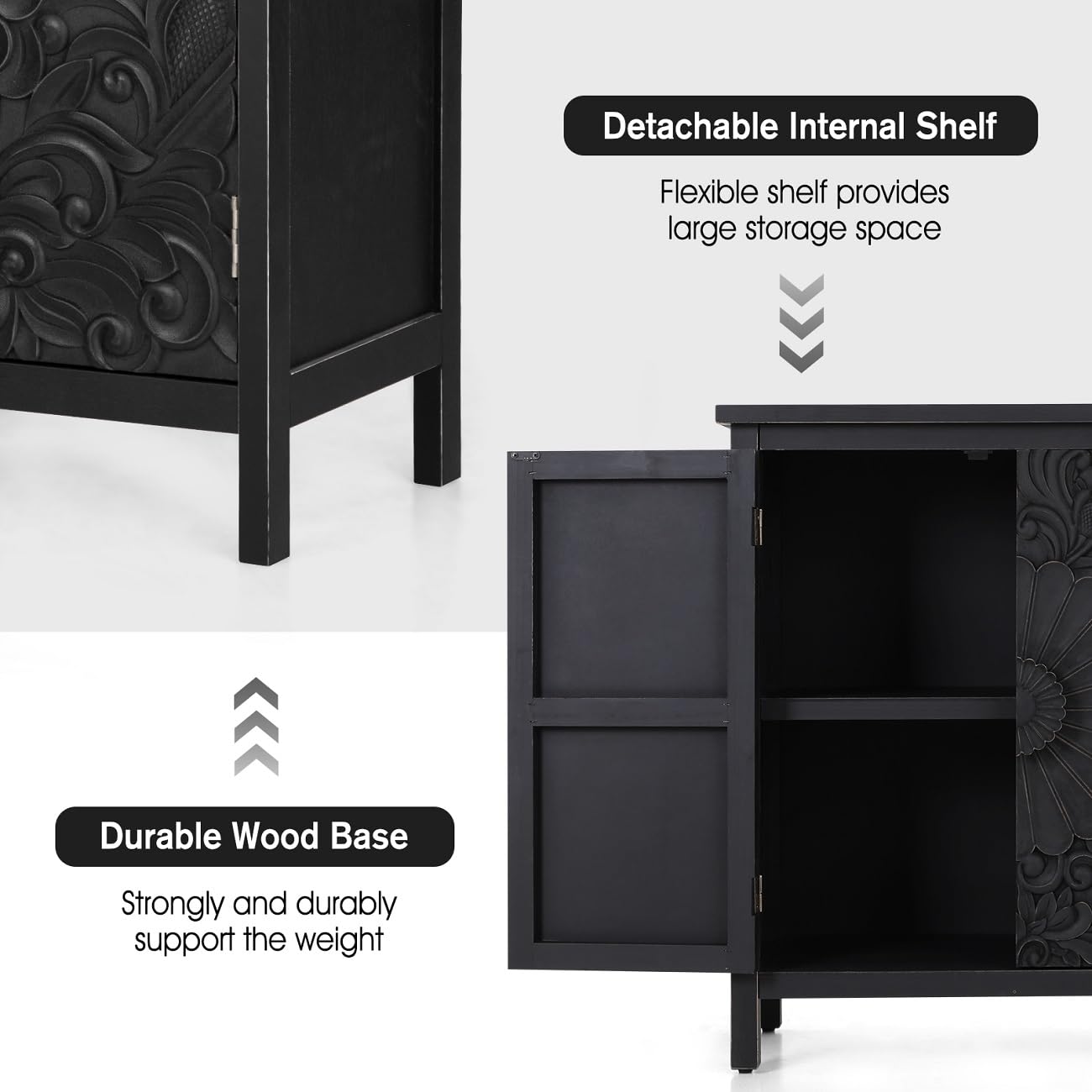 MFSTUDIO Accent Storage Cabinet with 2 Doors, Distressed Storage Cabinet Buffet Sideboard Display Cabinet with Metal Church Window Door for Entryway Living Room Kitchen, Black