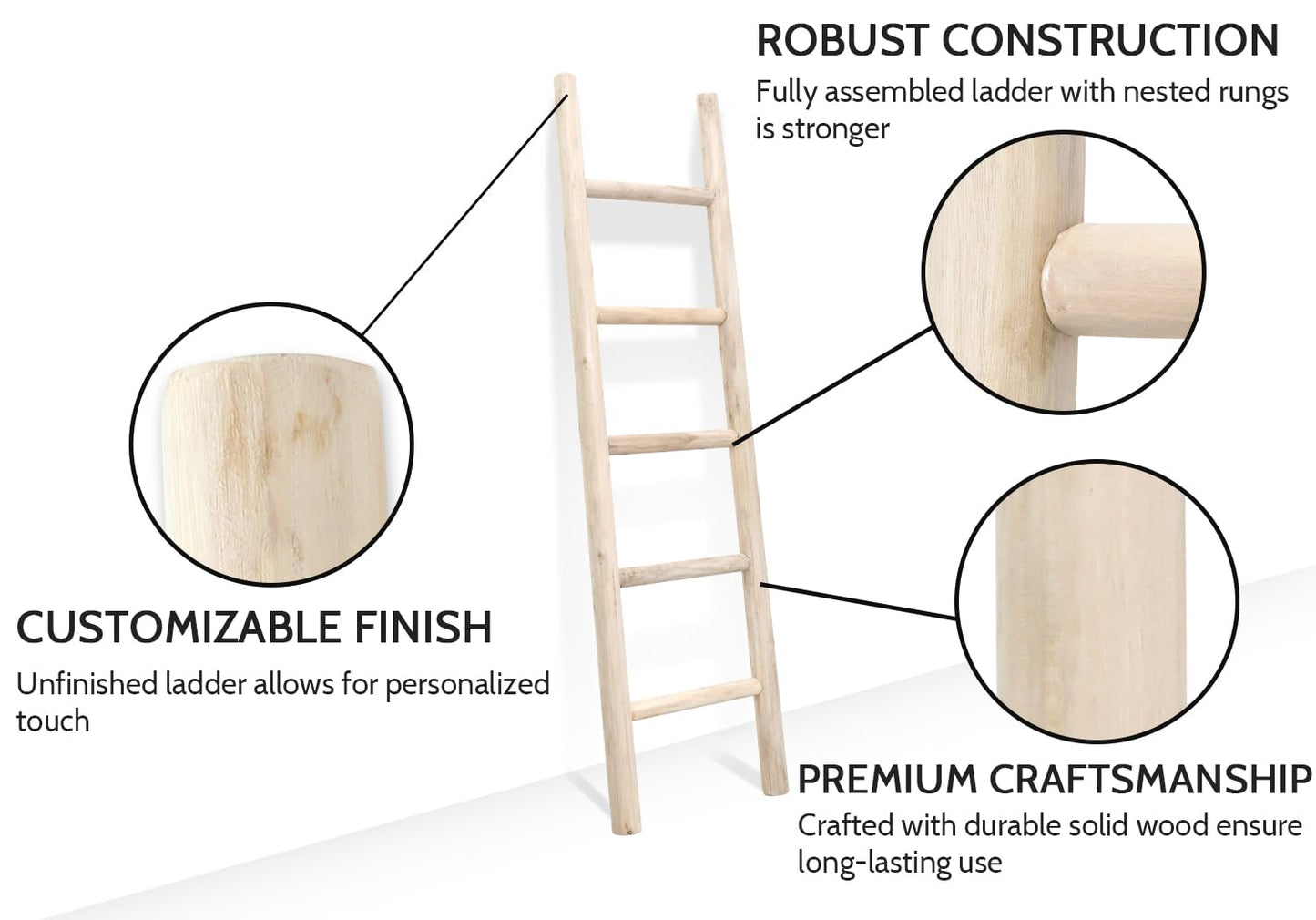 FUIN Fully Assembled 57in Wood Blanket Ladder Living Room Decorative Wall Leaning Farmhouse Quilt Display Holder Rustic Wooden Towel Rack for Bathroom, Unfinished