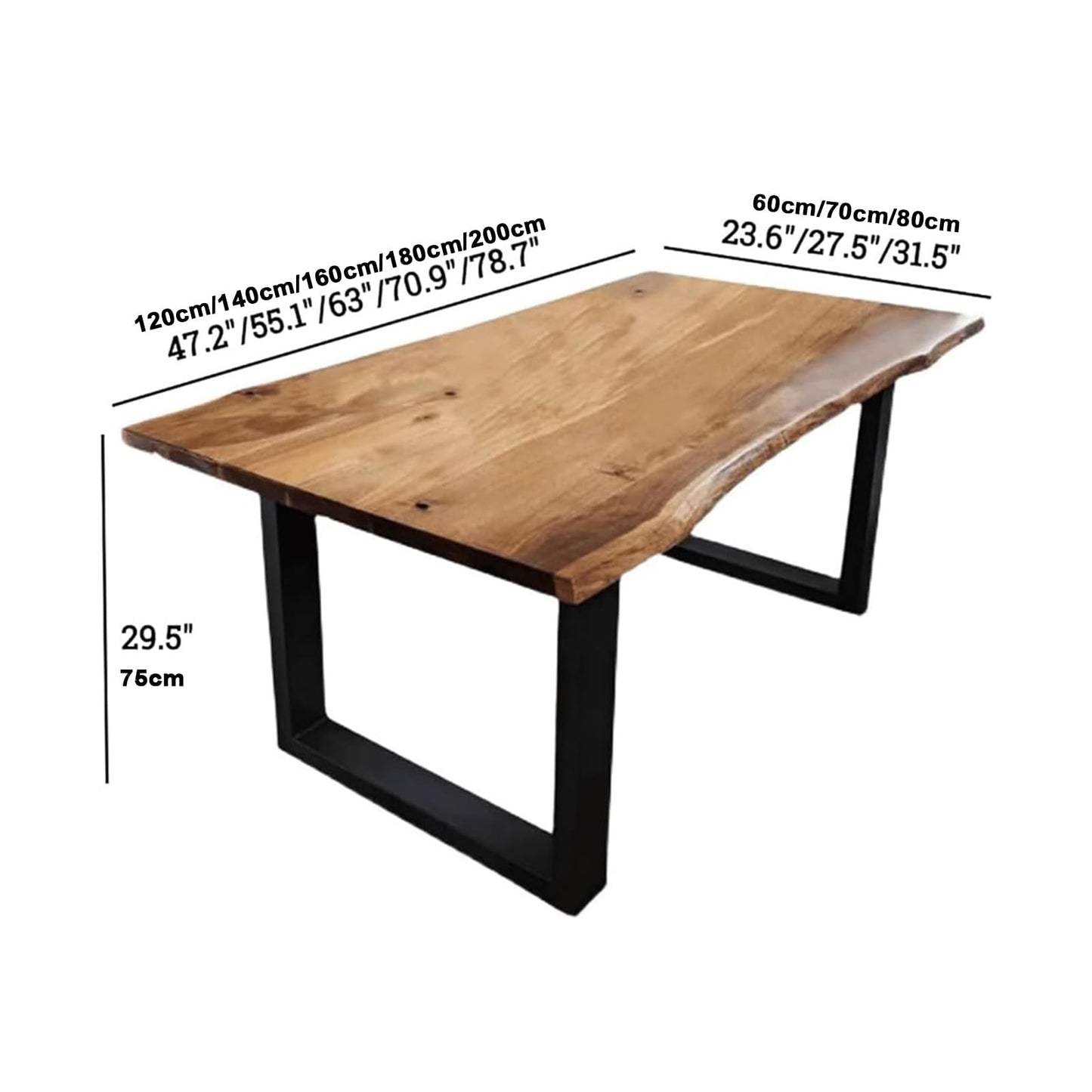 Solid Wood Large 47-78 Inch Natural Finish Wood Rectangular Dinner Table with Live Edge and Metal Base Seats up to 6-8 People for Kitchen Dining Room and Living Room(Size:180x70x75cm)