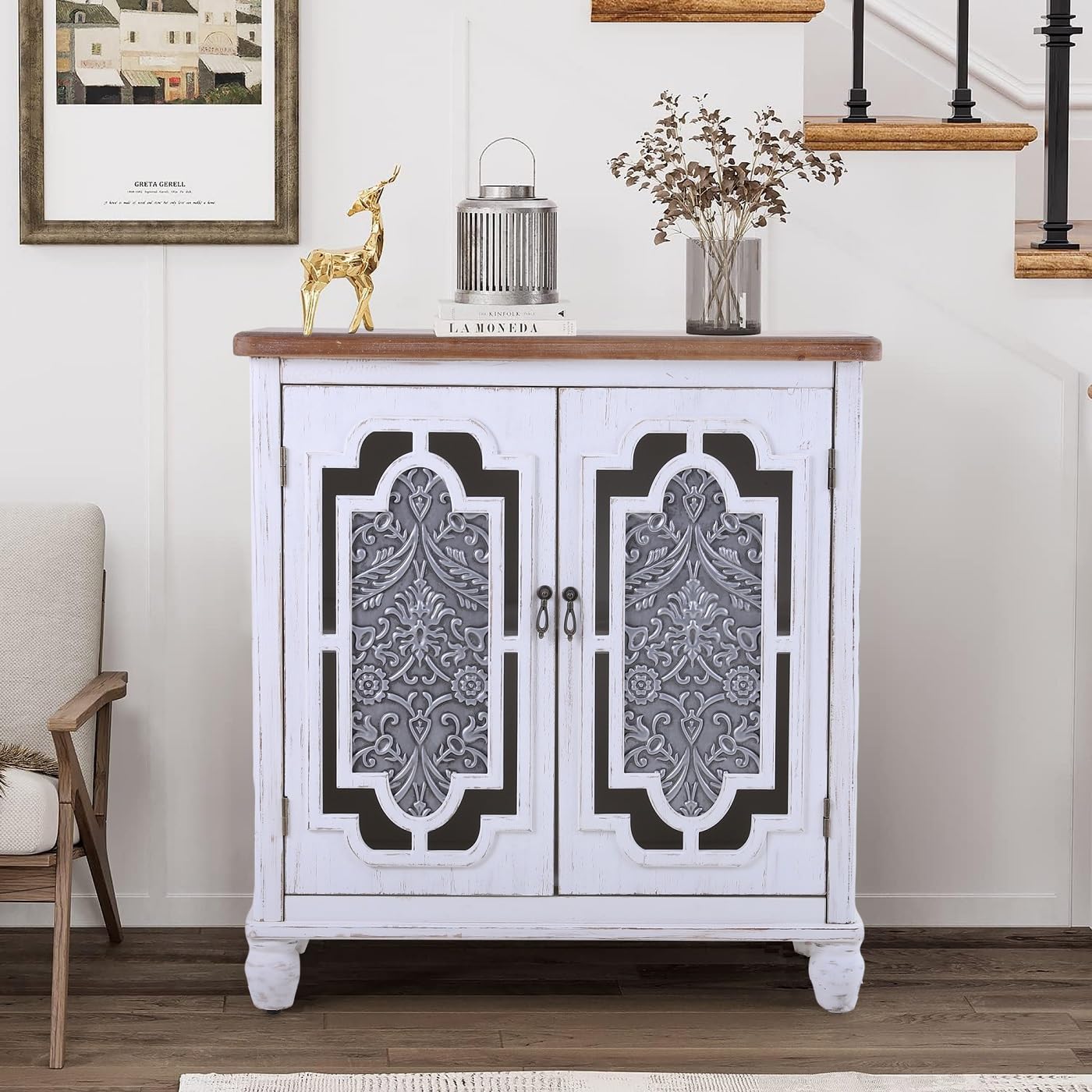 MFSTUDIO Accent Storage Cabinet with 2 Doors, Distressed Storage Cabinet Buffet Sideboard Display Cabinet with Metal Church Window Door for Entryway Living Room Kitchen, Black