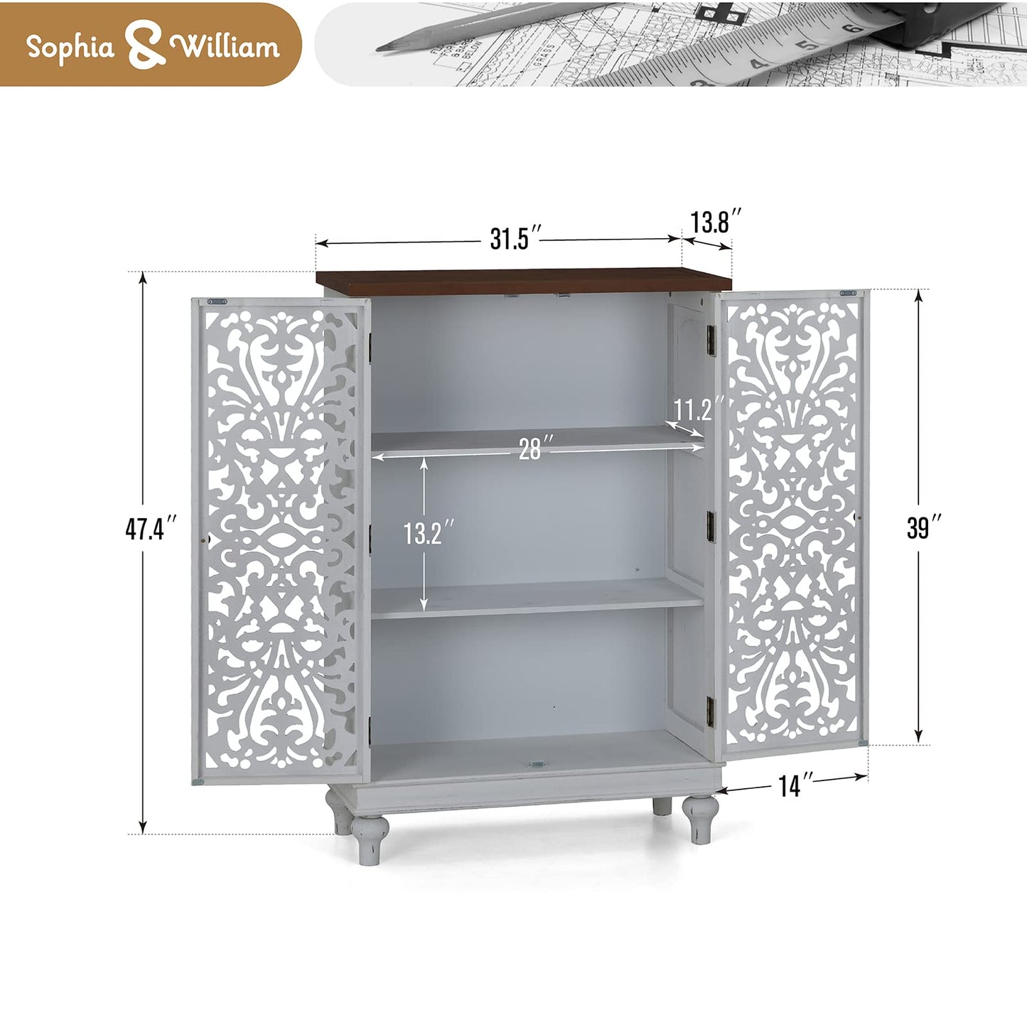 Sophia & William Tall Storage Cabinet 47.4", Decorative 2-Door Tall Accent Cabinet, for Living Room, Dining Room, White