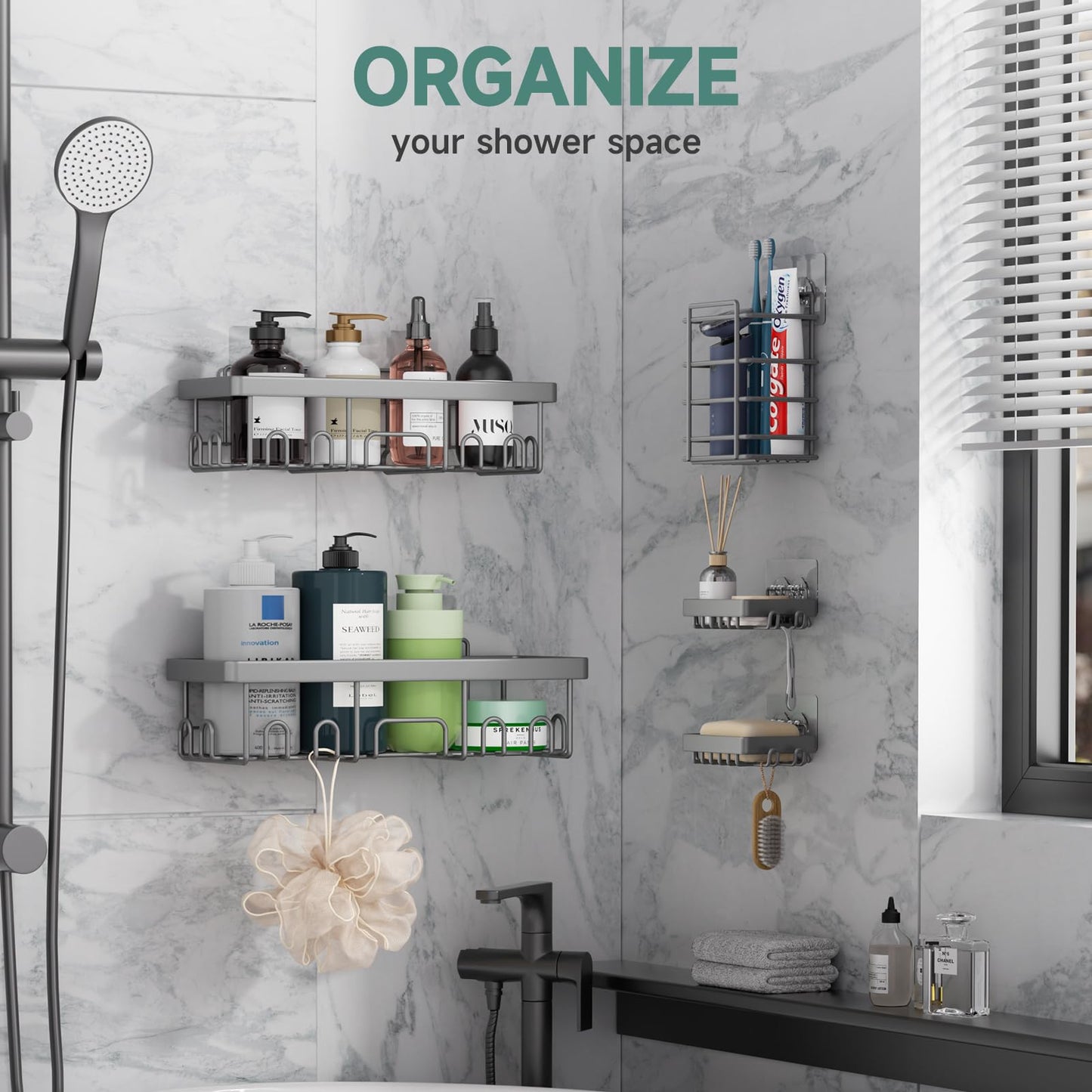 Veken Stainless Steel Shower Caddy 6-Pack, No Drilling & Rustproof, Waterproof Adhesive Shelves Rack with Soap Holder, Large Capacity Bathroom Organizers and Storage, Wall-Mounted Kitchen & Home Decor