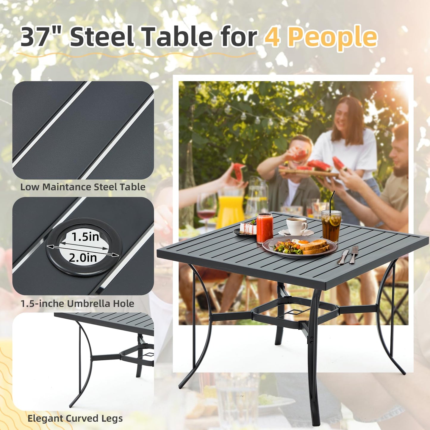 9-Piece Outdoor Patio Dining Set with 8 Swivel Rocker Chairs, Rectangular Metal Table with Umbrella Hole, 8-Person Patio Table and Chairs for Backyard, Poolside, Balcony and Garden Grey