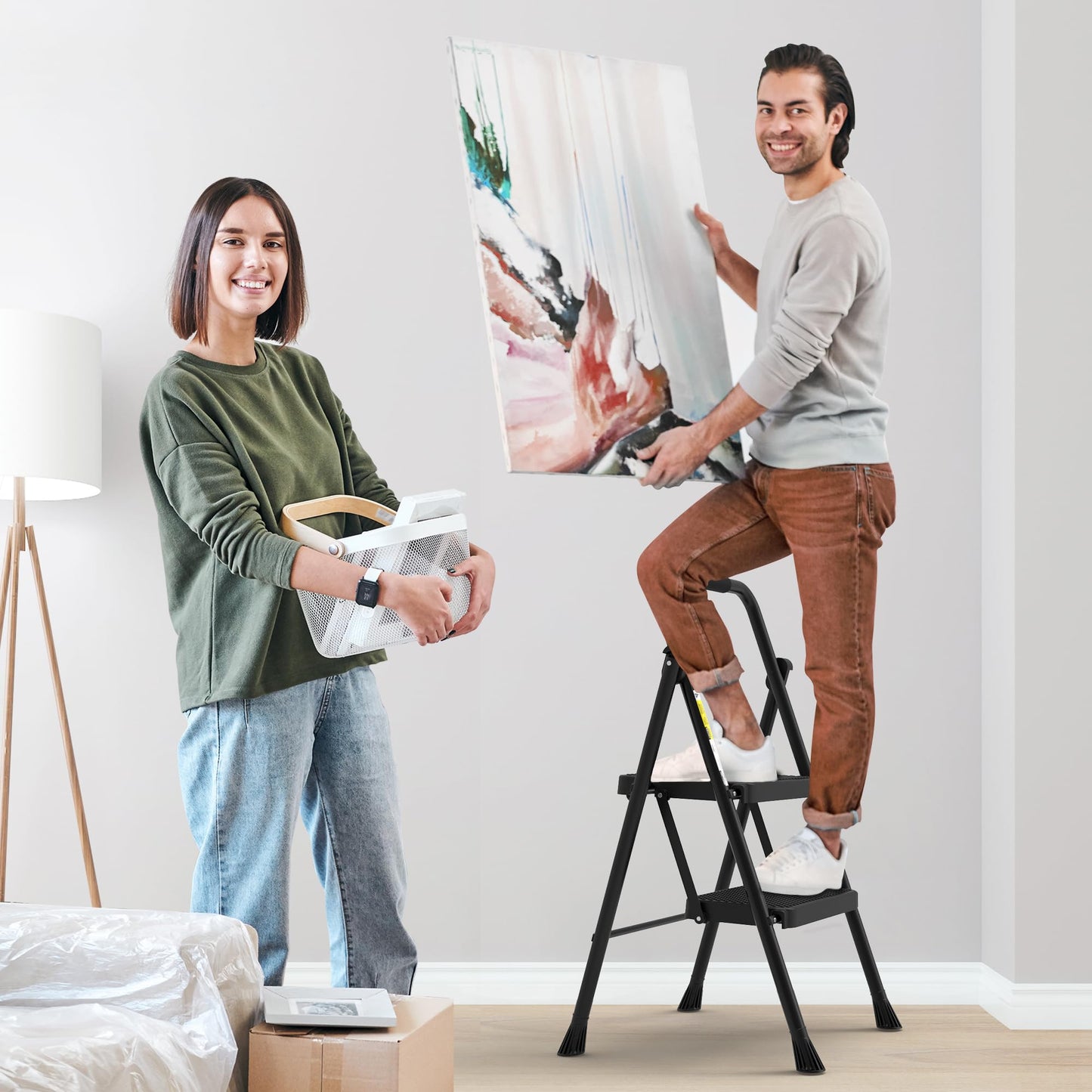 HBTower Step Ladder, Folding Step Stool with Wide Anti-Slip Pedal, Sturdy Steel Ladder, Convenient Handrail, Lightweight, Portable Steel Step Stool